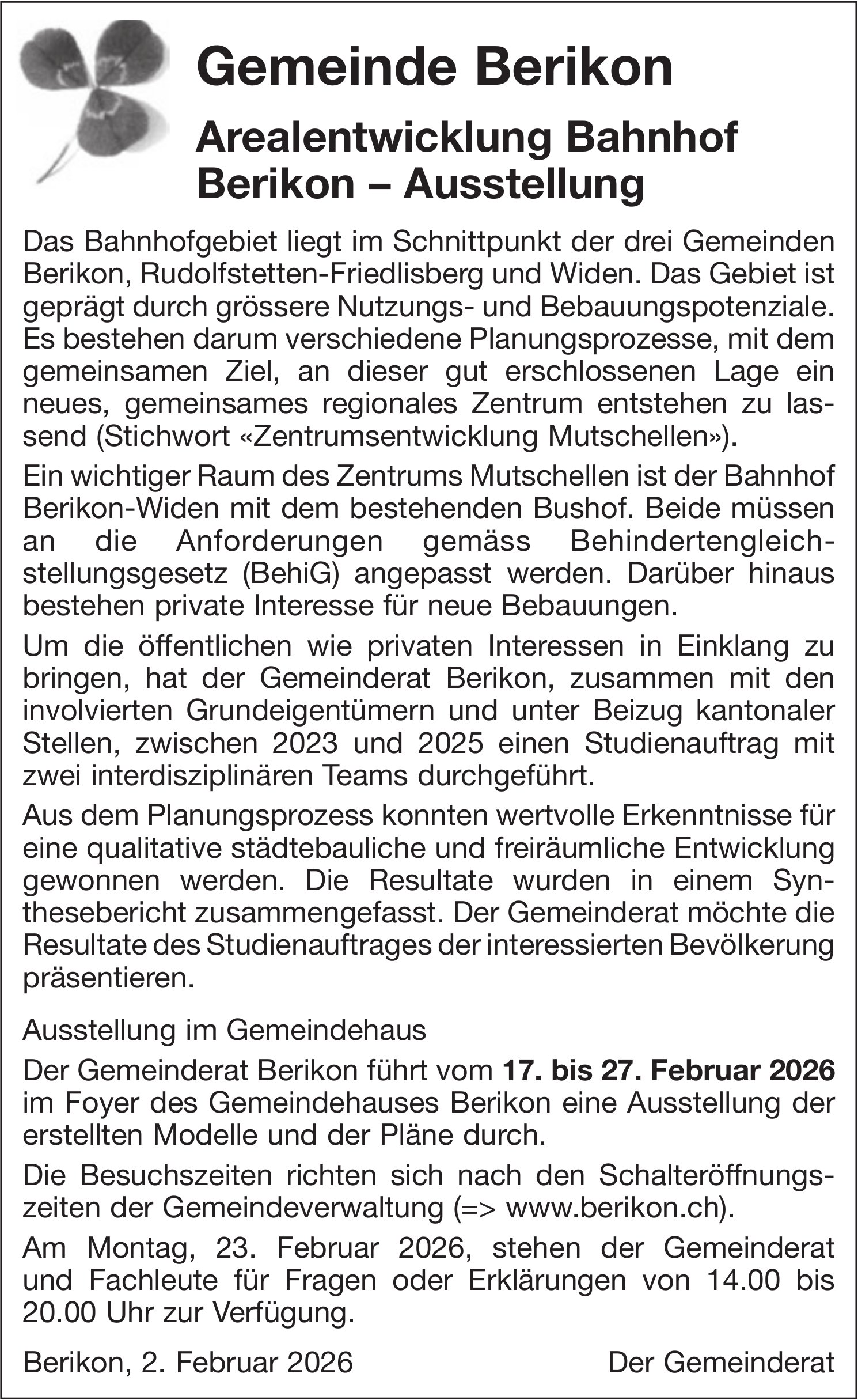 Gemeinde Berikon, Arealentwicklung Bahnhof Berikon – Ausstellung, 17. - 27. Februar