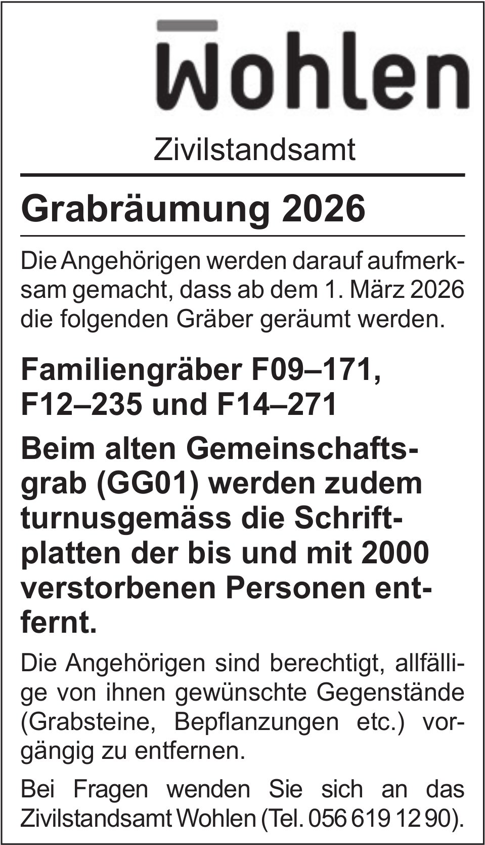 Zivilstandsamt Wohlen, Grabräumung 2026
