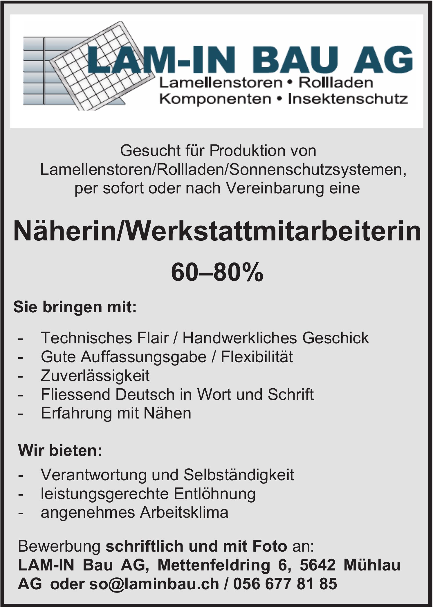 Näherin/Werkstattmitarbeiterin, LAM-IN Bau AG, Mühlau, gesucht