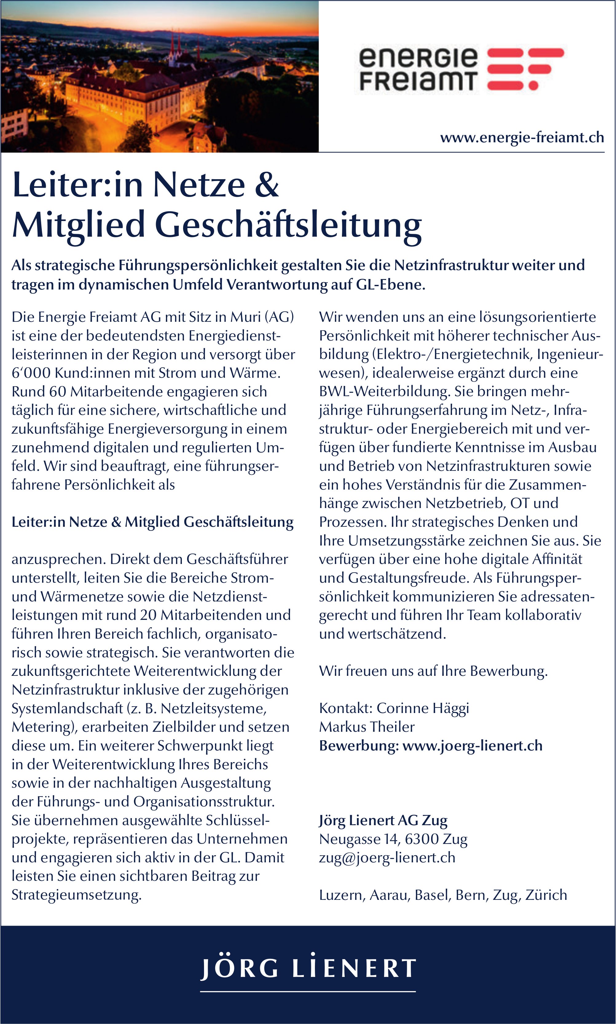 Leiter:in Netze & Mitglied Geschäftsleitung, Energie Freiamt AG, Muri (AG), gesucht