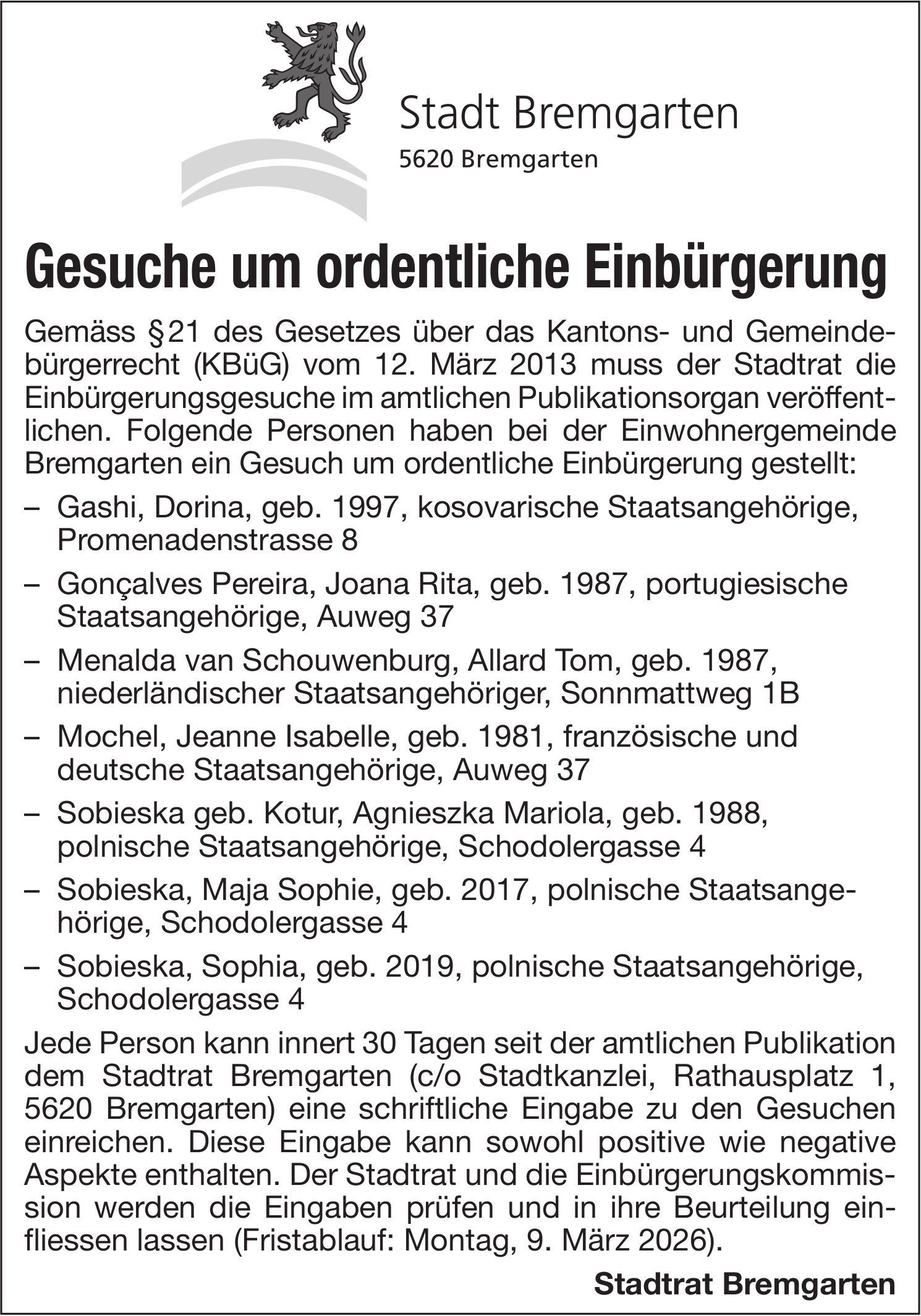 Stadt Bremgarten, Gesuche um ordentliche Einbürgerung