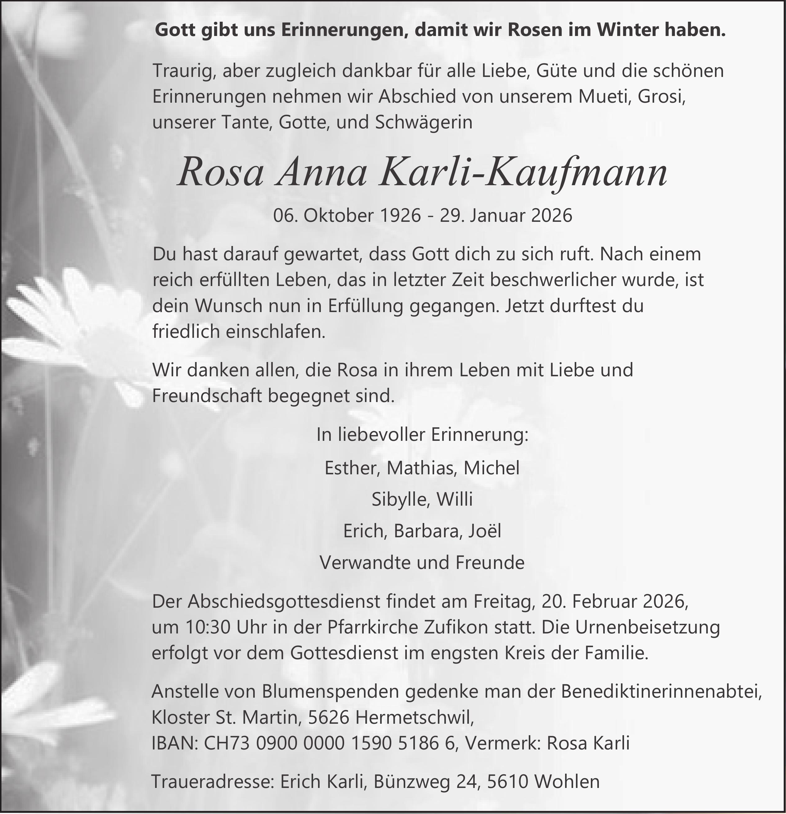 Karli-Kaufmann Rosa Anna, Januar 2026 / TA