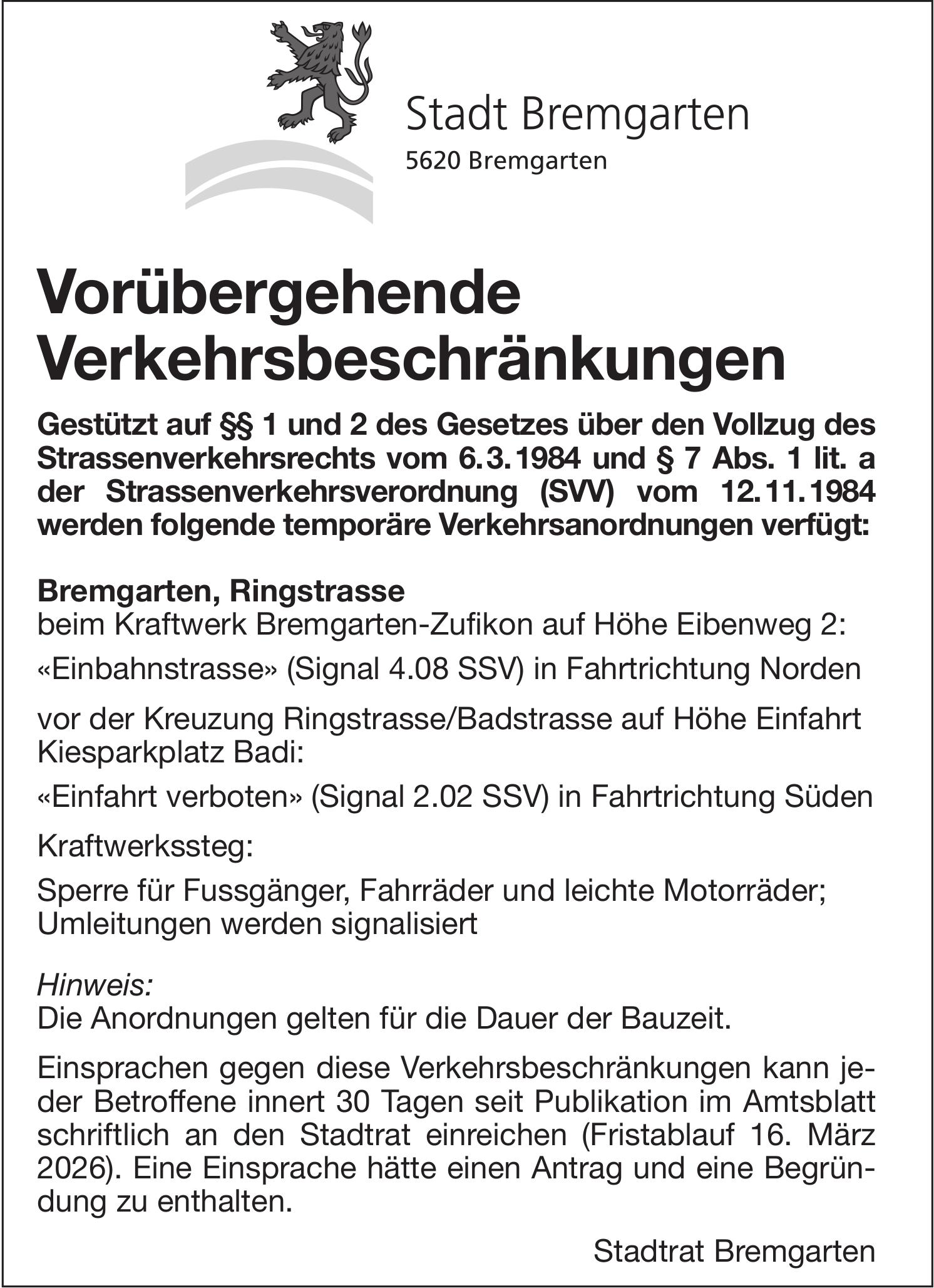 Verkehrsmassnahmen/ Unterhaltsarbeiten, Stadt Bremgarten, Vorübergehende Verkehrsbeschränkungen