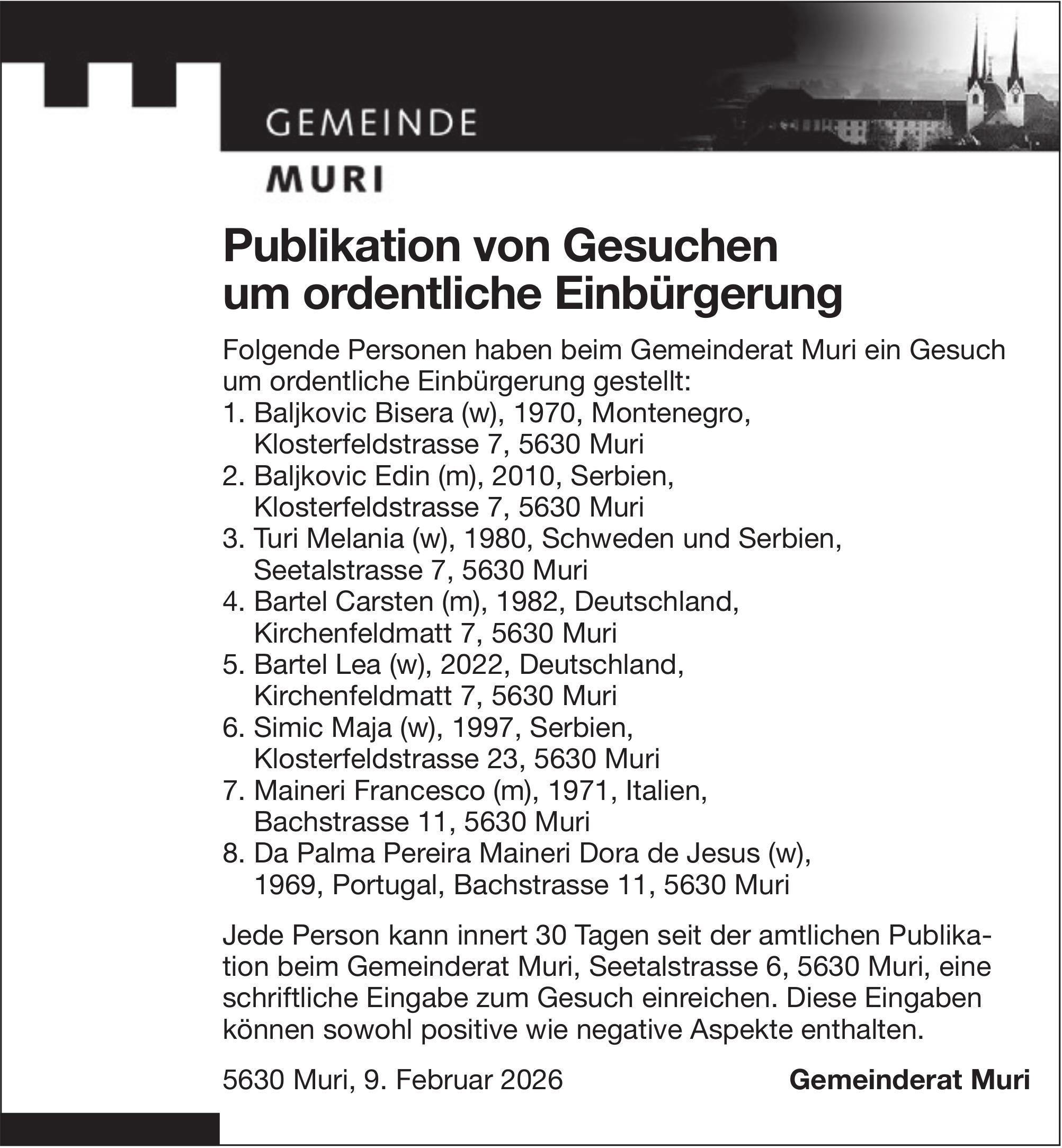 Gemeinde Muri, Publikation von Gesuchen um ordentliche Einbürgerung