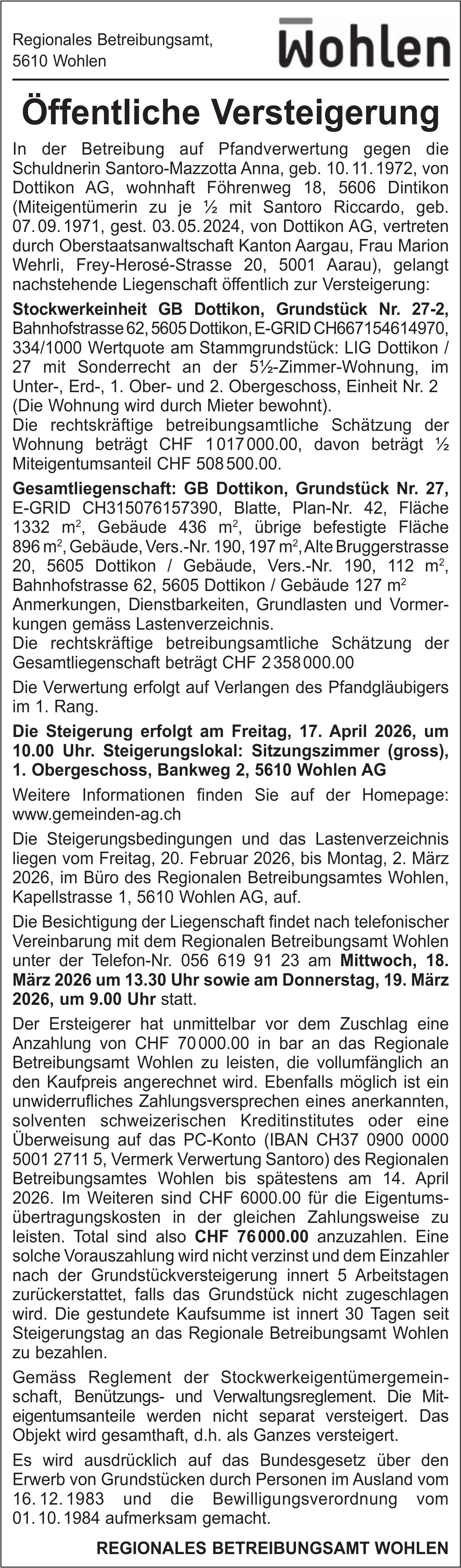 Sonstiges, Regionales Betreibungsamt Wohlen, Öffentliche Versteigerung