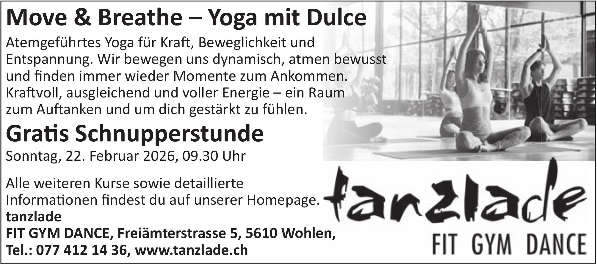 Move & Breathe – Yoga mit Dulce, Gratis Schnupperstunde, 22. Februar, tanzlade FIT GYM DANCE