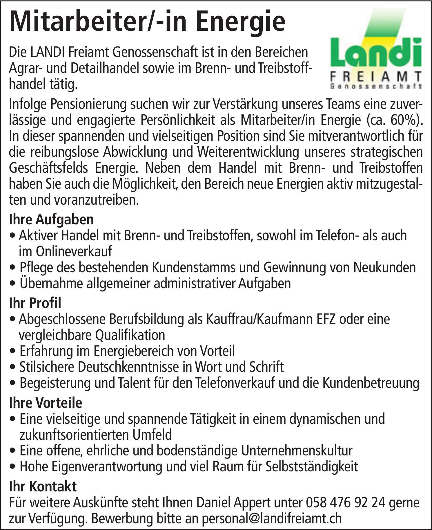 Mitarbeiter/-in Energie, LANDI Freiamt Genossenschaft, gesucht