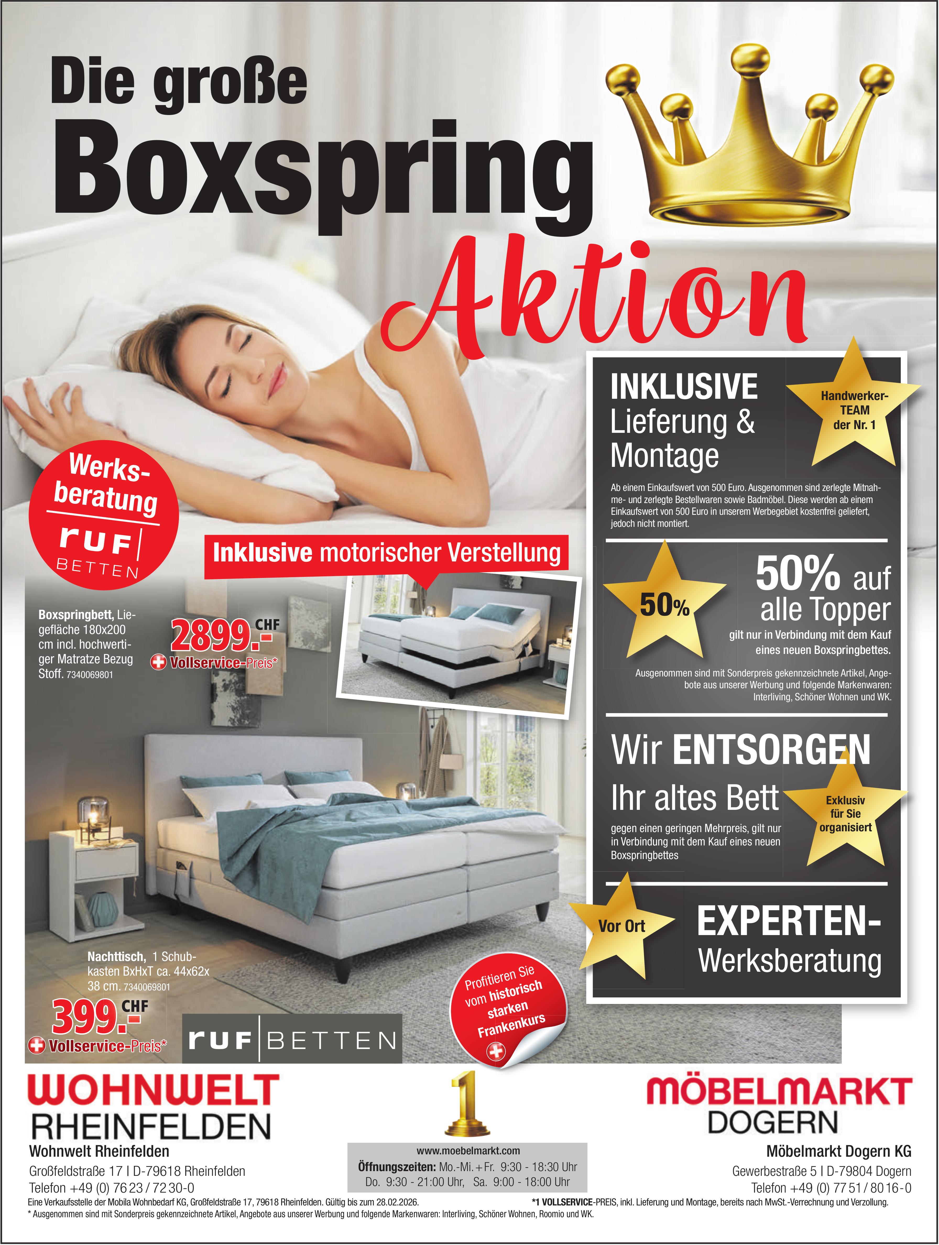 Wohnwelt Rheinfelden / Möbelmarkt Dogern, Die grosse Boxspring Aktion