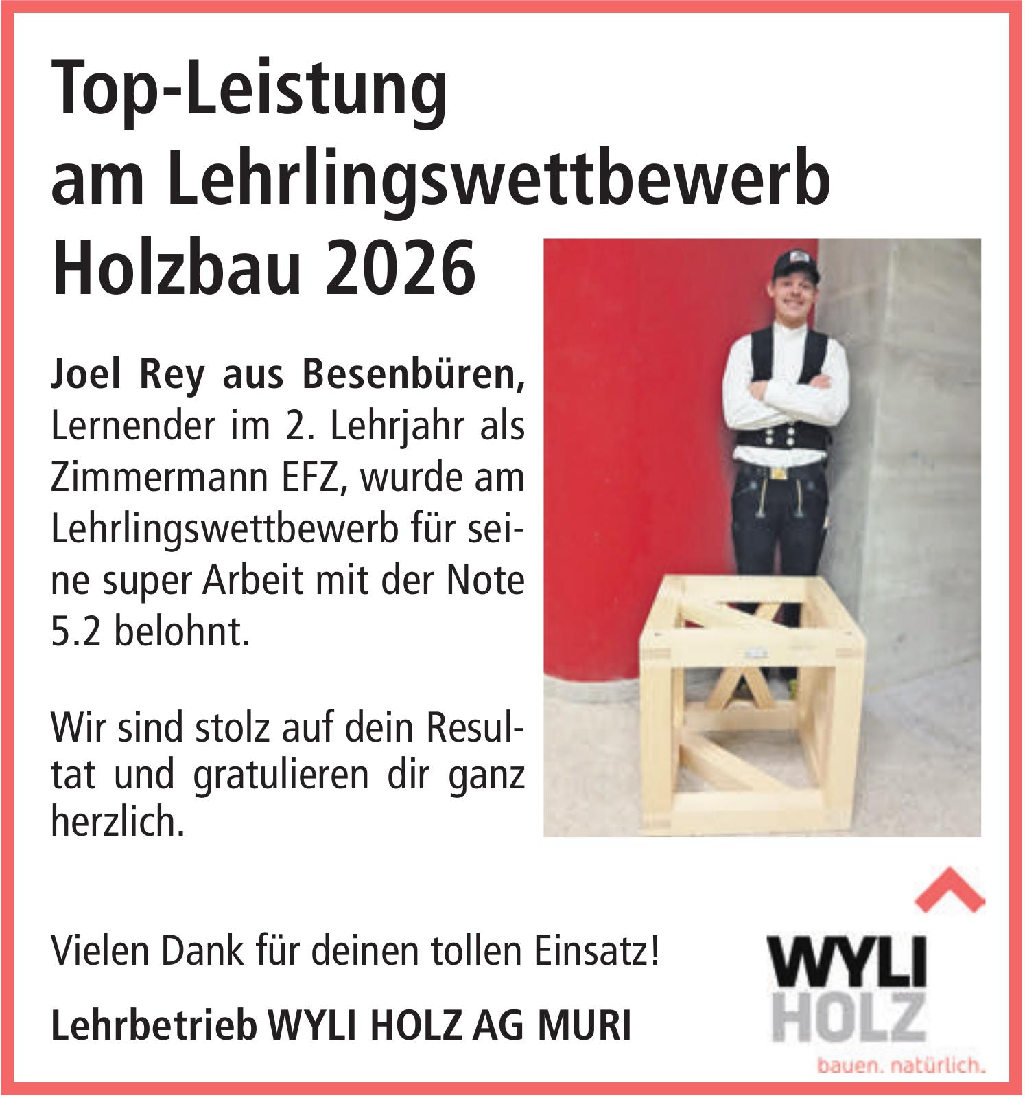 Lehrbetrieb WYLI HOLZ AG, Besenbüren - Joel Rey, Besenbüren: Top-Leistung am Lehrlingswettbewerb Holzbau 2026