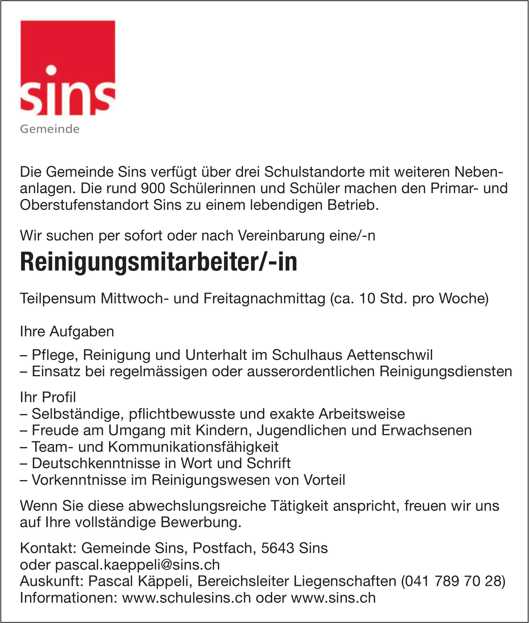 Reinigungsmitarbeiter/-in, Schule Sins, gesucht