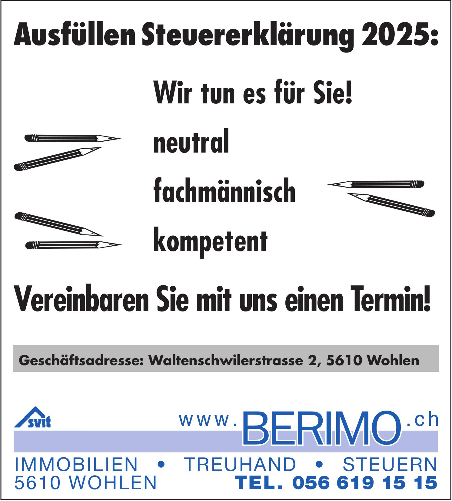 Berimo AG, Wohlen - Ausfüllen Steuererklärung 2025: Wir tun es für Sie! neutral, fachmännisch, kompetent