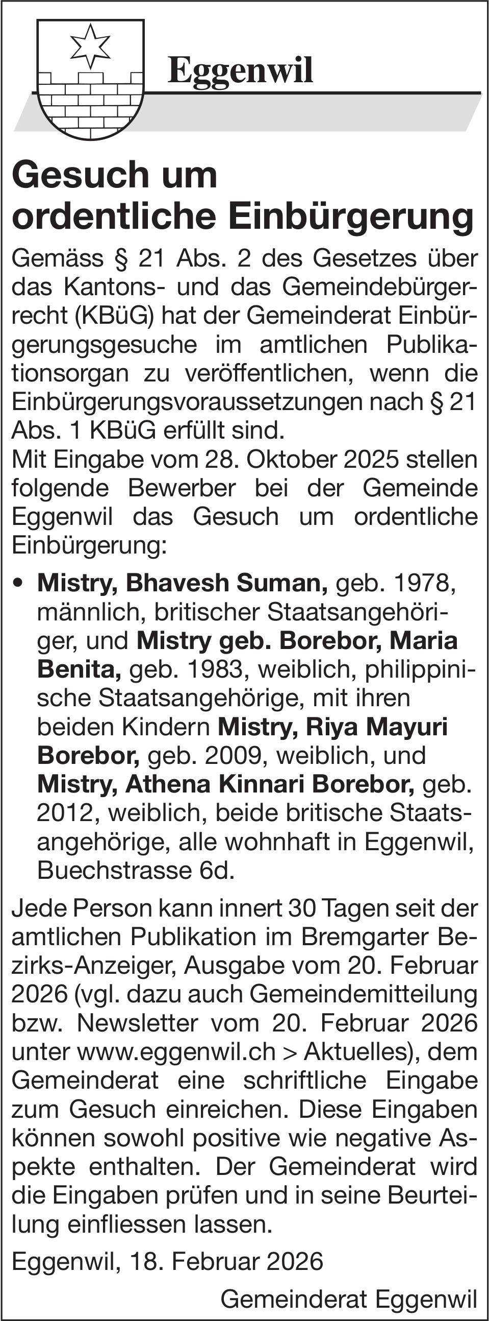 Gemeinde Eggenwil, Gesuch um ordentliche Einbürgerung