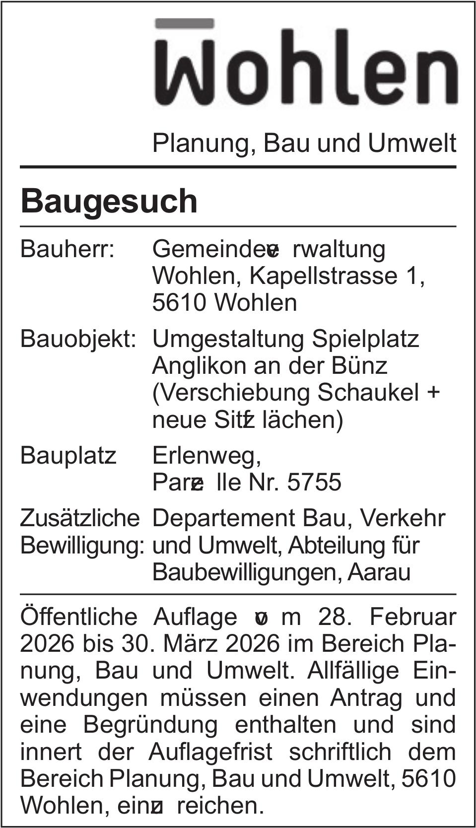 Baugesuche, Gemeindeverwaltung Wohlen, Baugesuch