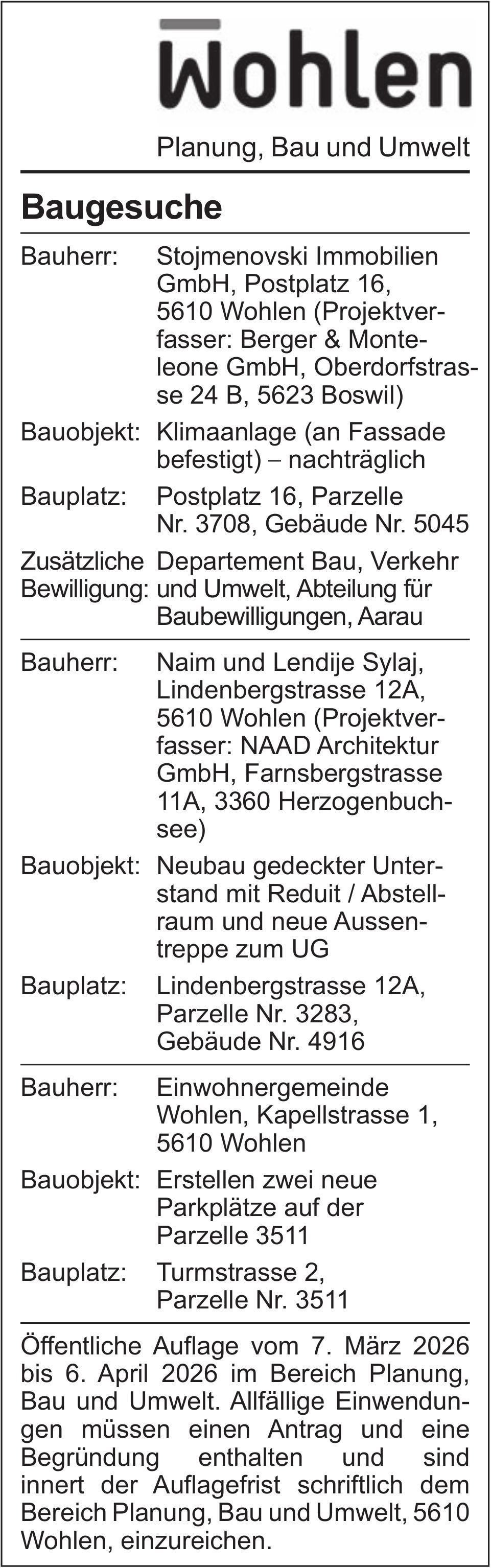 Baugesuche, Wohlen
