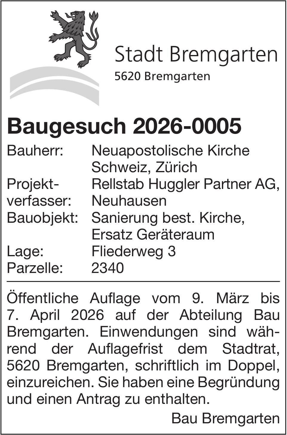 Baugesuche, Stadt Bremgarten - Neuapostolische Kirche Schweiz, Baugesuch 2026-0005