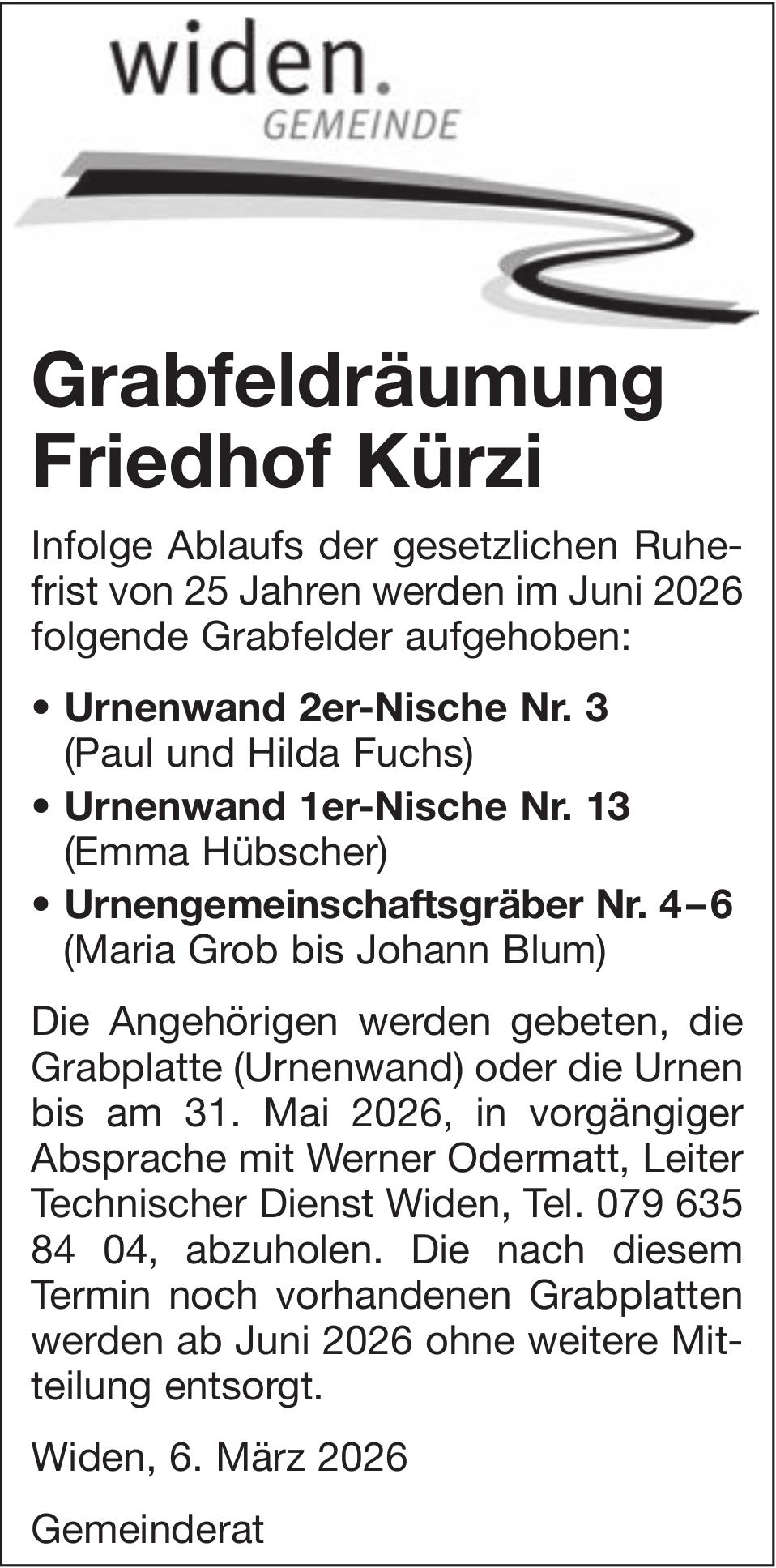 Sonstiges, Gemeinde Widen, Grabfeldräumung Friedhof Kürzi