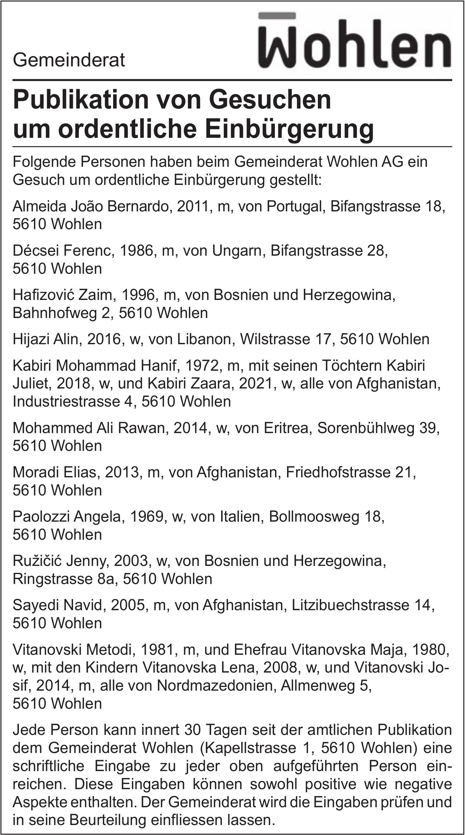 Gemeinde, Gemeinderat Wohlen, Publikation von Gesuchen um ordentliche Einbürgerung