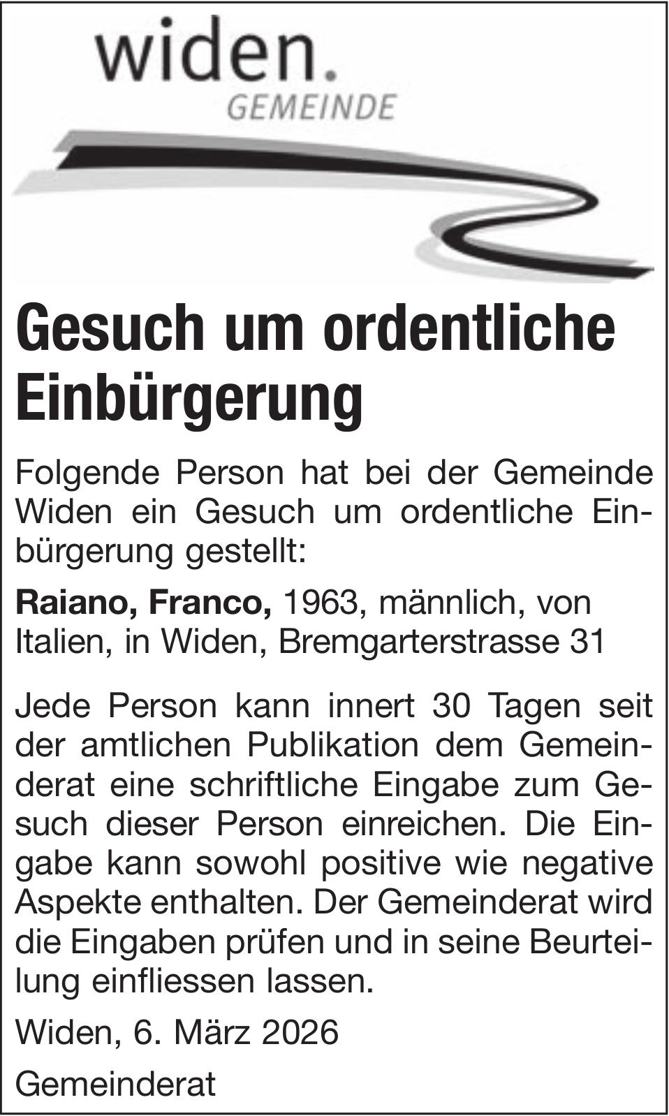 Gemeinde Widen, Gesuch um ordentliche Einbürgerung