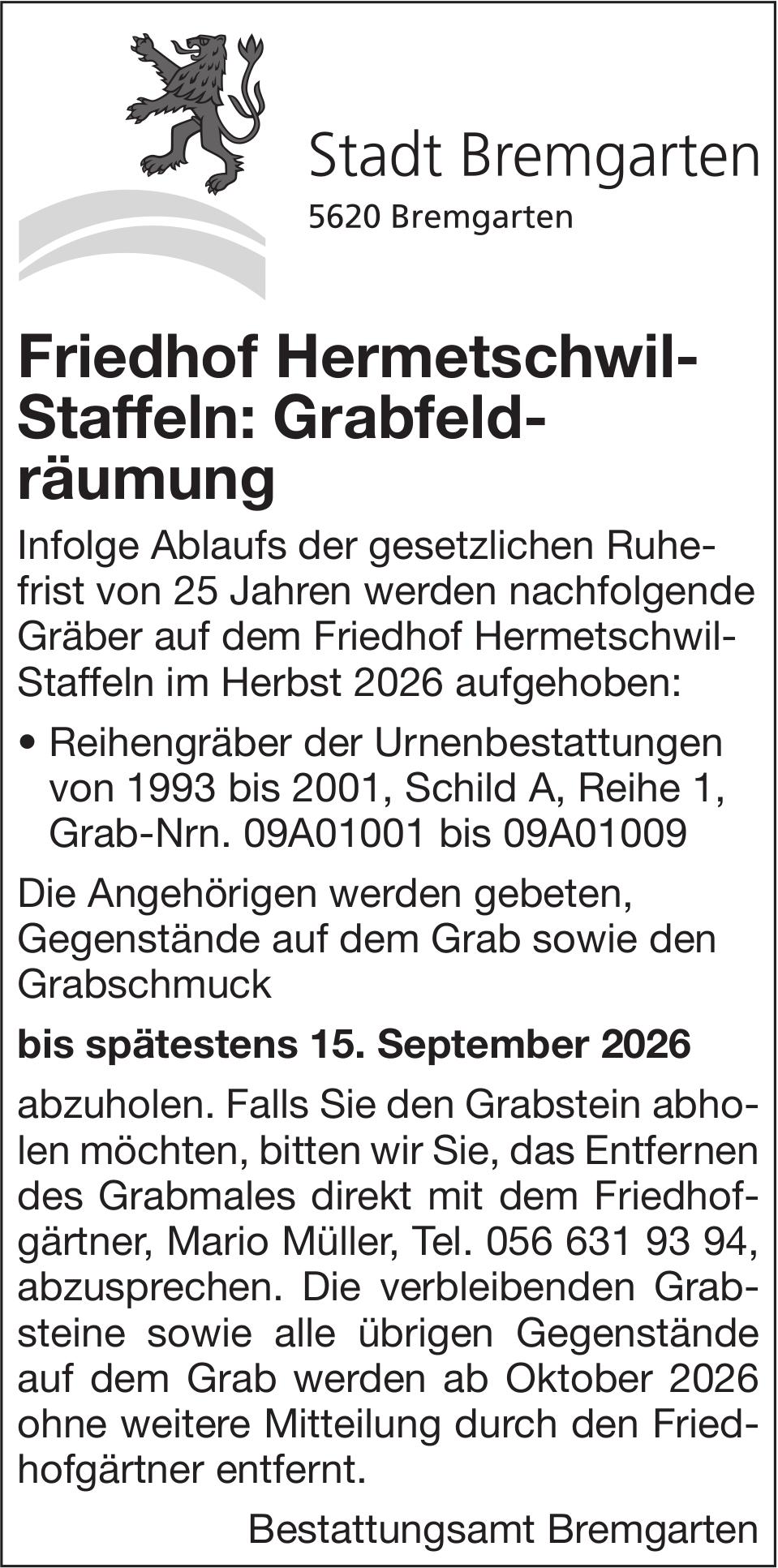 Sonstiges, Stadt Bremgarten, Friedhof Hermetschwil-Staffeln: Grabfeldräumung