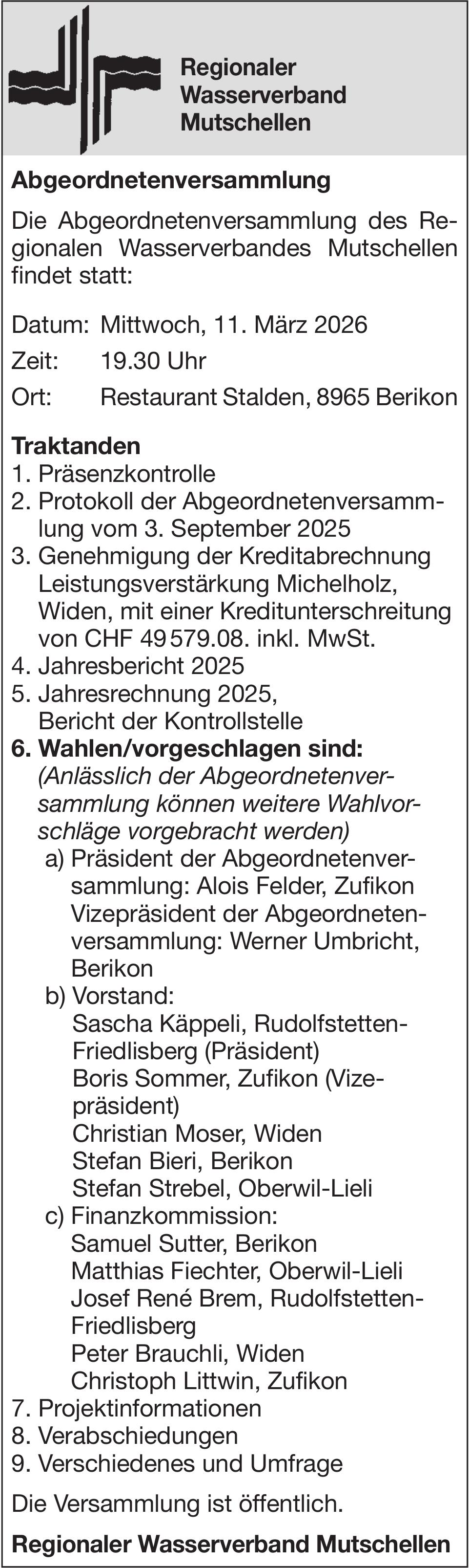 Abgeordnetenversammlung Regionaler Wasserverband Mutschellen, 11. März, Restaurant Stalden