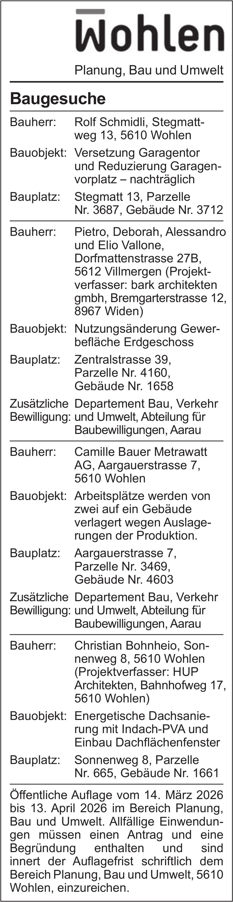Baugesuche, Wohlen