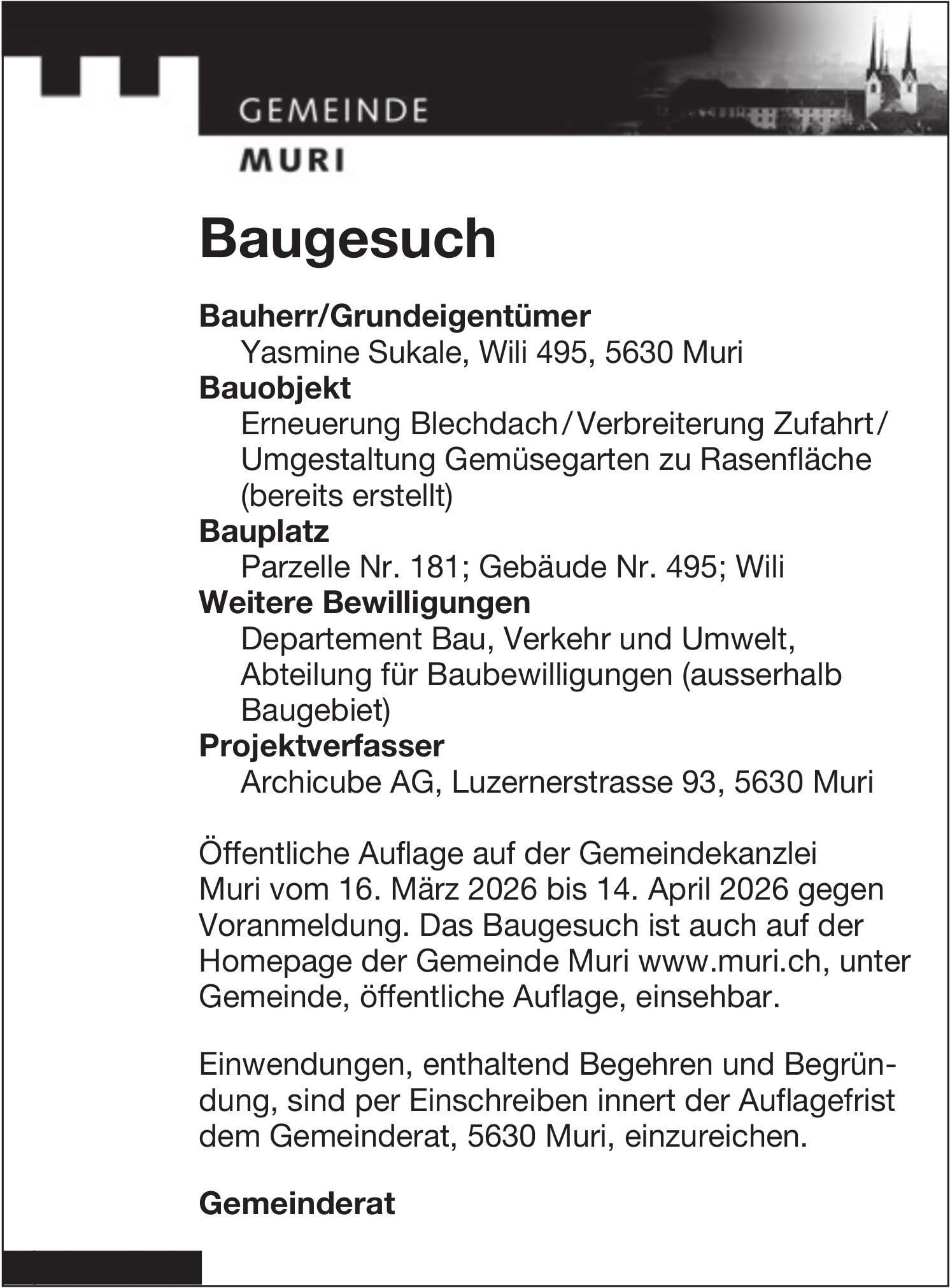 Baugesuche, Muri - Yasmine Sukale, Baugesuch