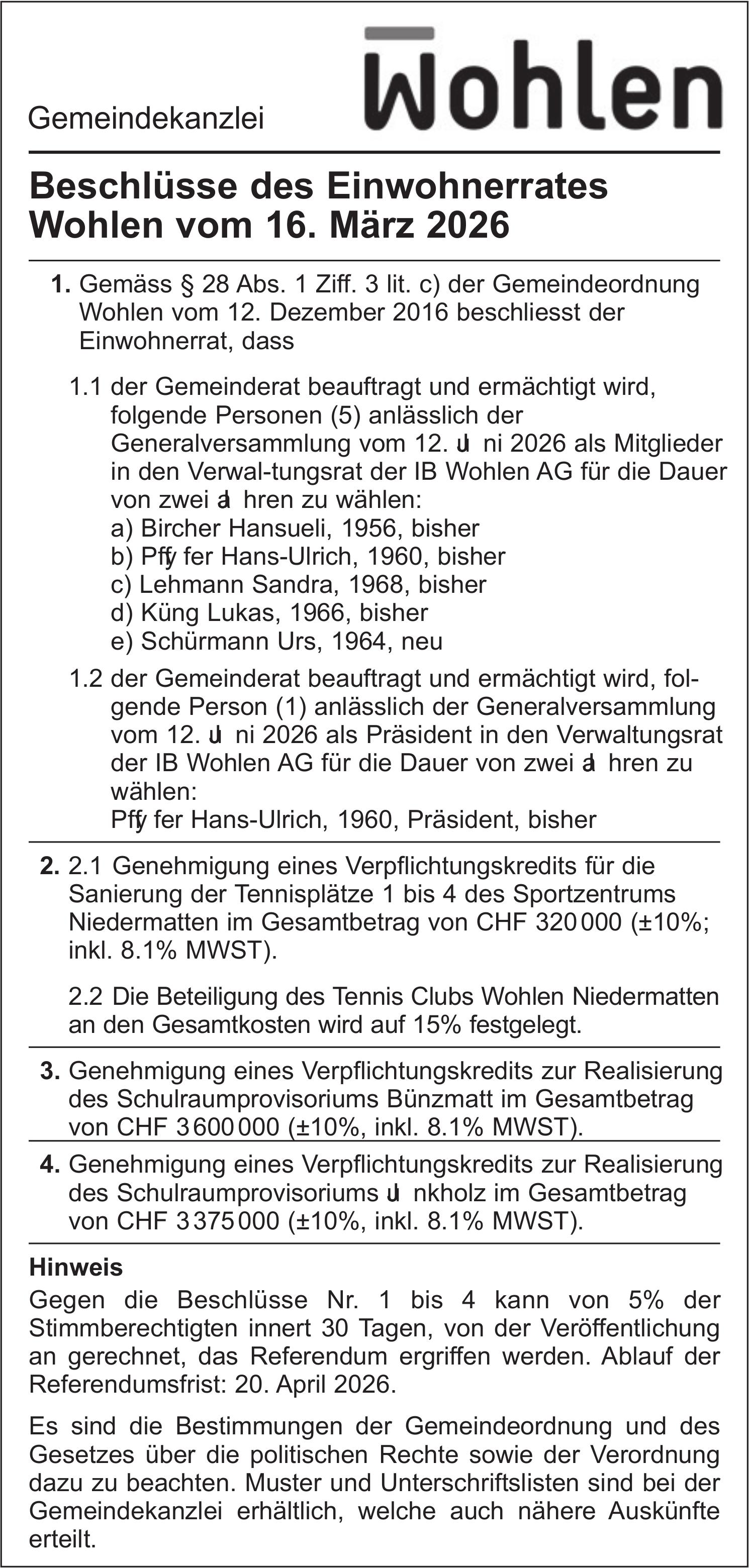 Gemeinde, Gemeindekanzlei Wohlen, Beschlüsse des Einwohnerrates Wohlen vom 16. März 2026