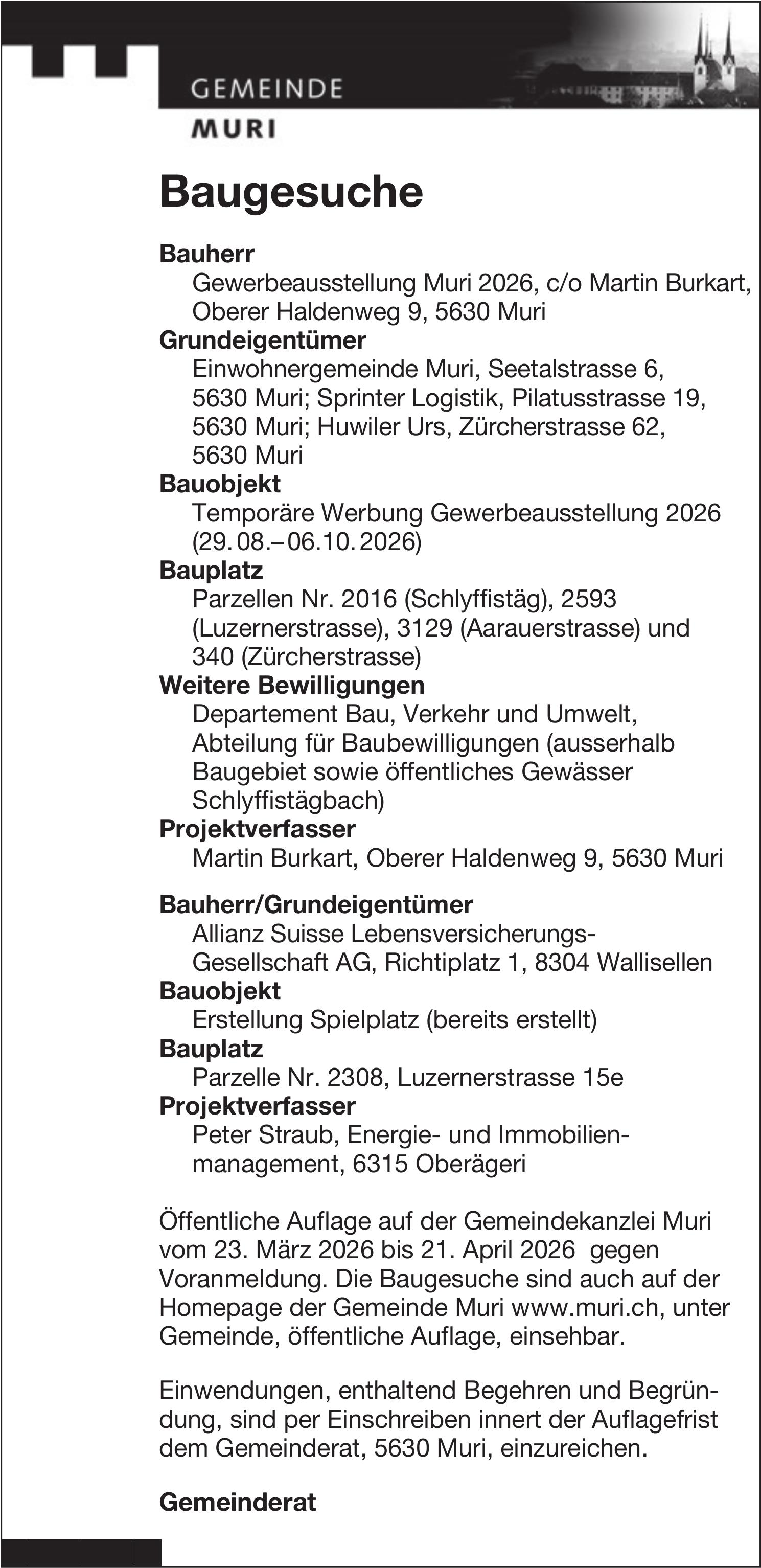 Baugesuche, Gemeinde Muri