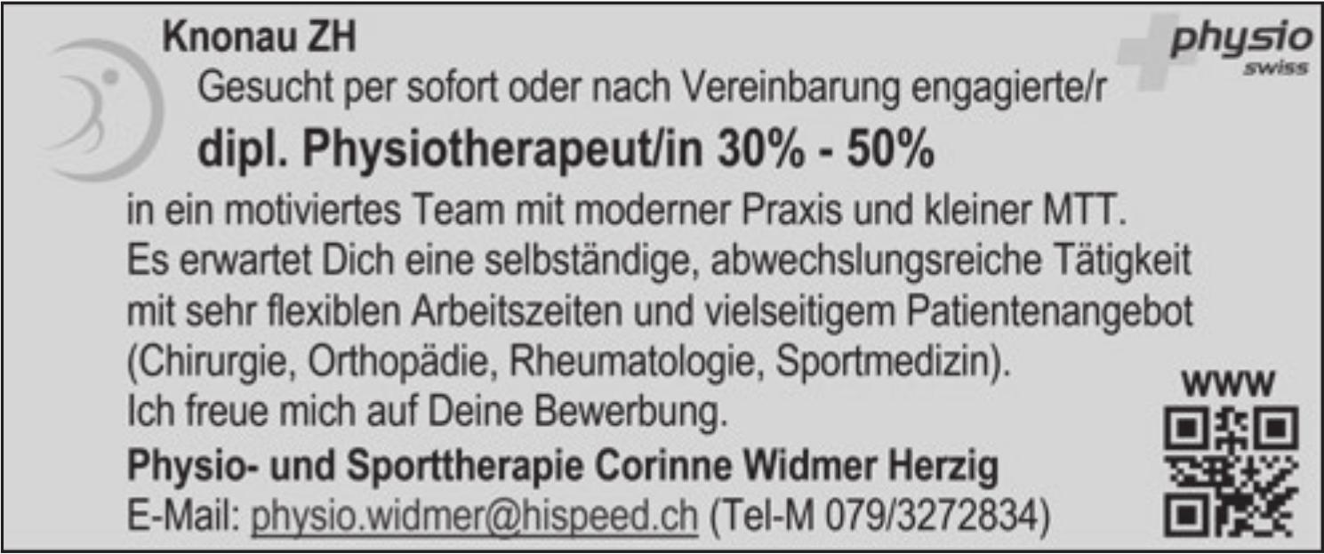 Dipl. Physiotherapeut/in 30%-50%, Physio- und Sporttherapie Corinne Widmer Herzig, Knonau ZH, gesucht