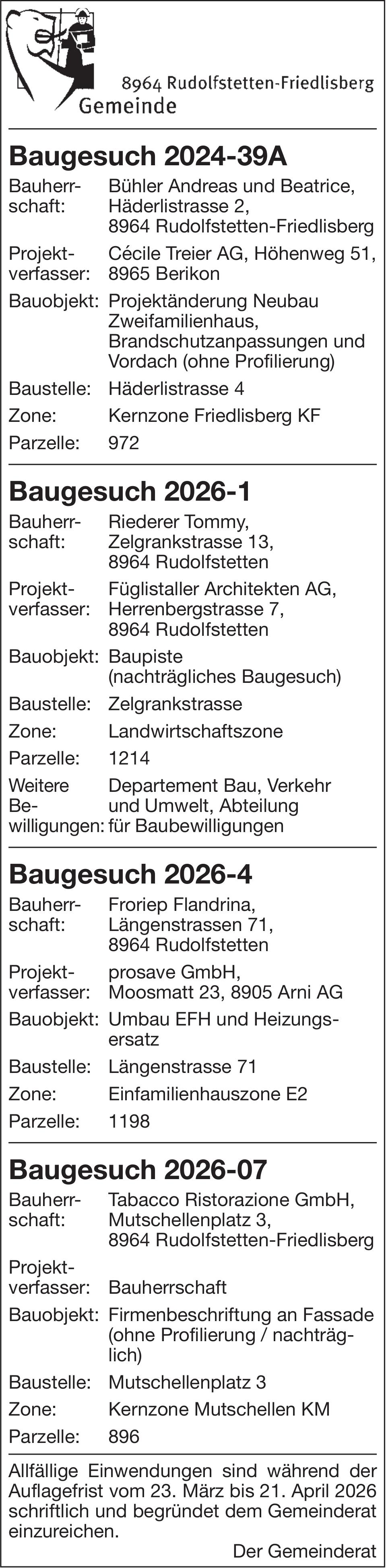 Baugesuche, Gemeinde Rudolfstetten-Friedlisberg, Baugesuche 2024-39A / 2026-1 / 2026-4 / 2026-07