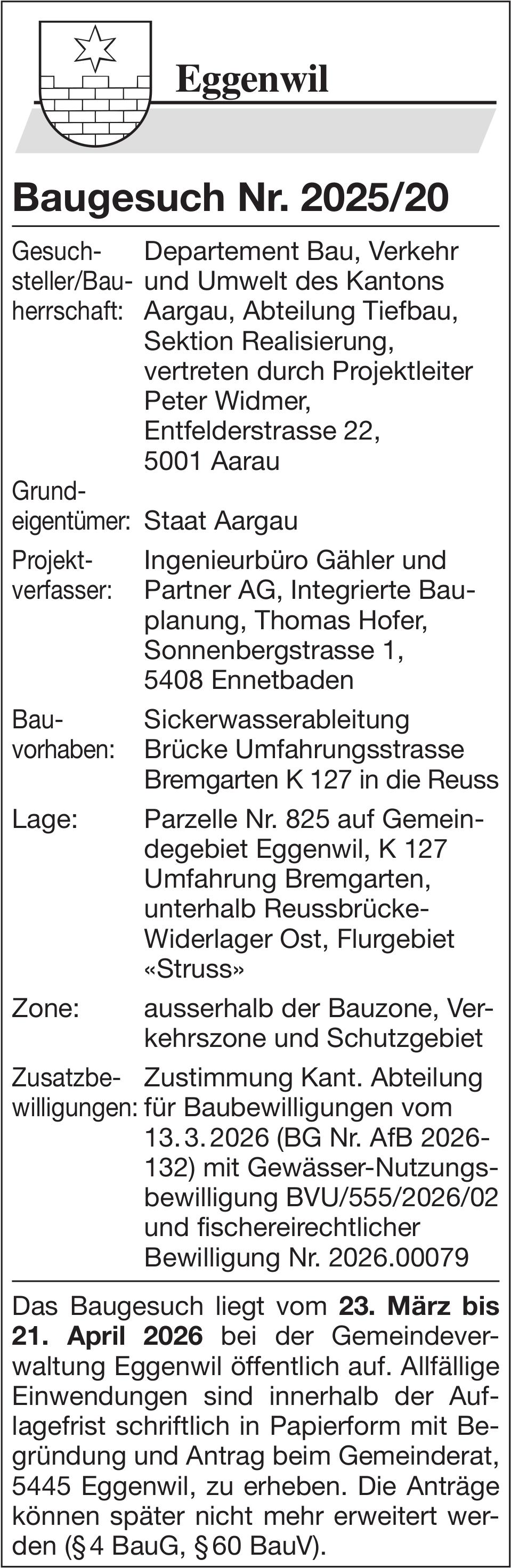 Baugesuche, Eggenwil - Departement Bau, Verkehr und Umwelt, Abteilung Tiefbau - Baugesuch Nr. 2025/20