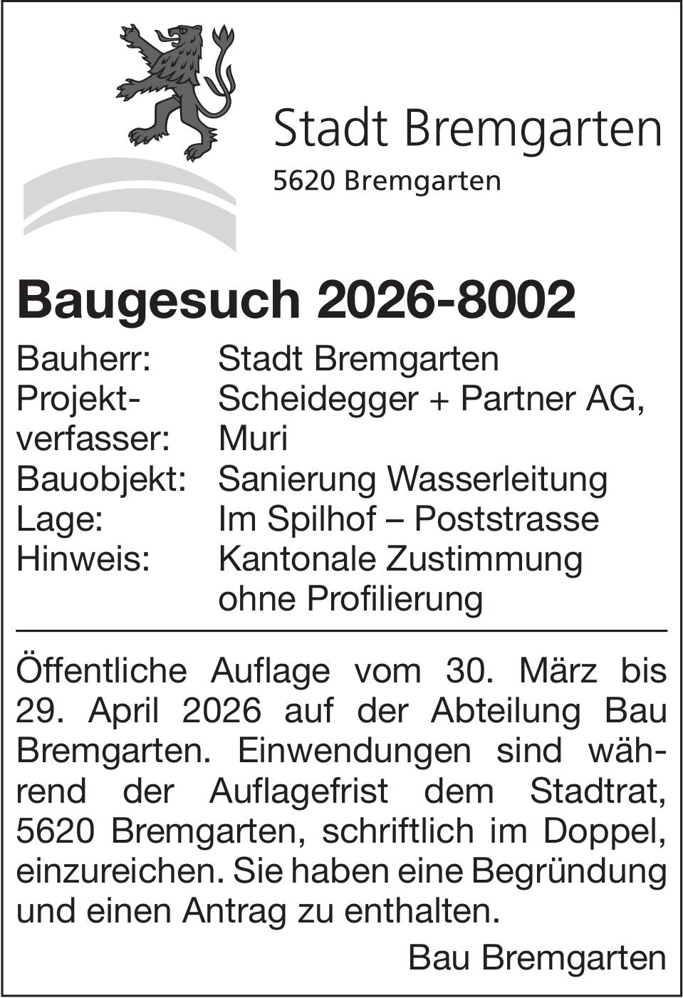 Baugesuche, Stadt Bremgarten, Baugesuch 2026-8002
