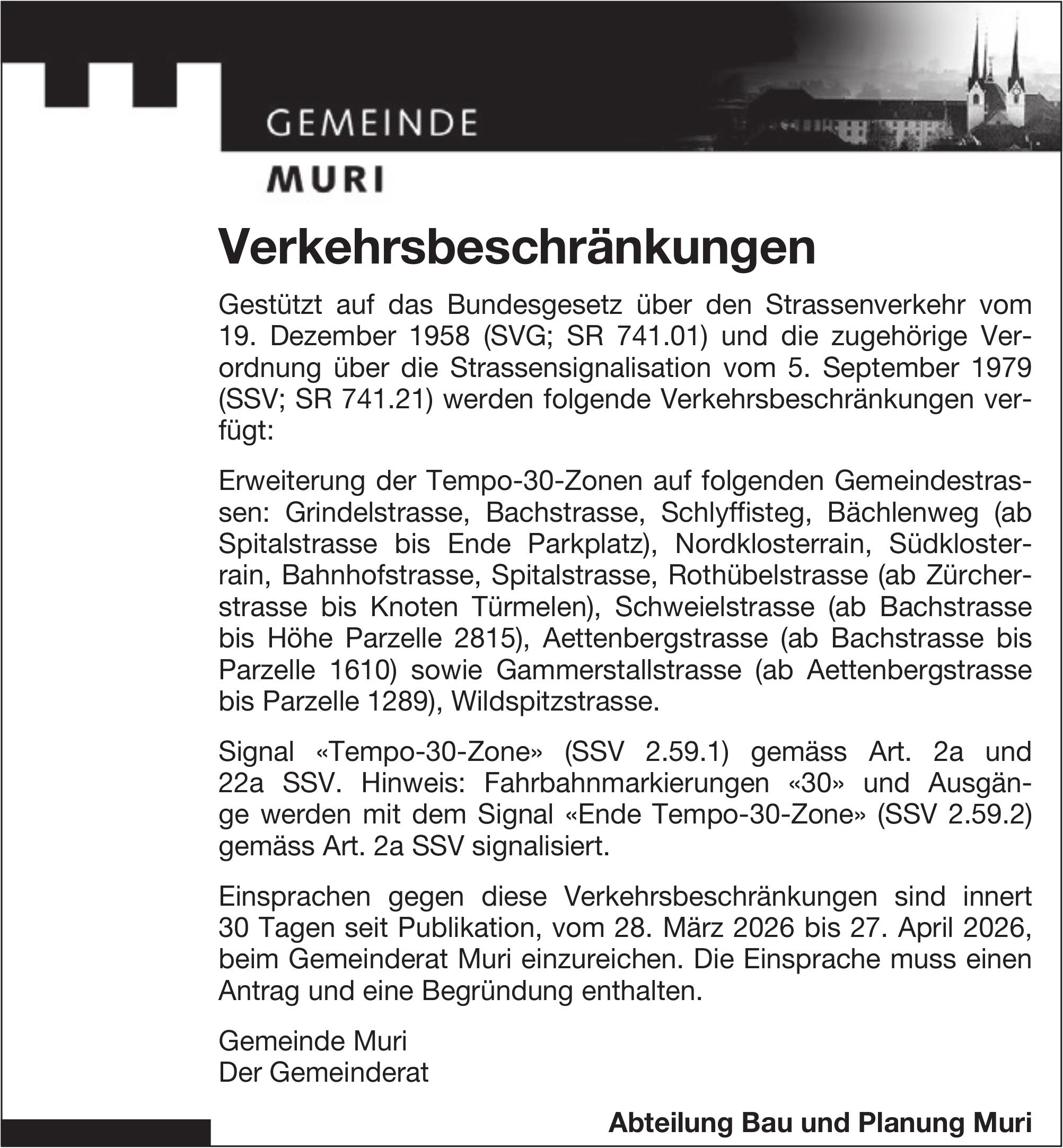 Verkehrsmassnahmen/Unterhaltsarbeiten, Gemeinde Muri, Verkehrsbeschränkungen