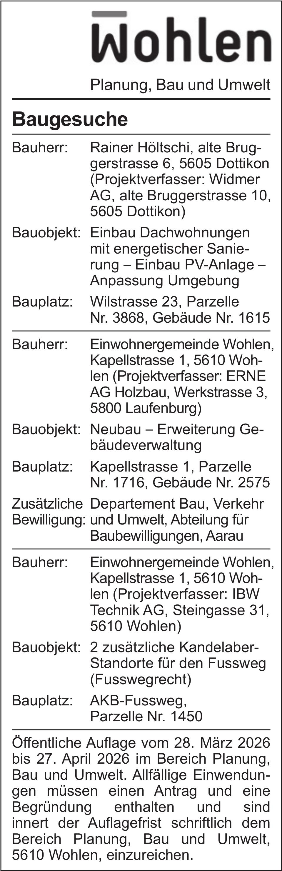 Baugesuche, Wohlen