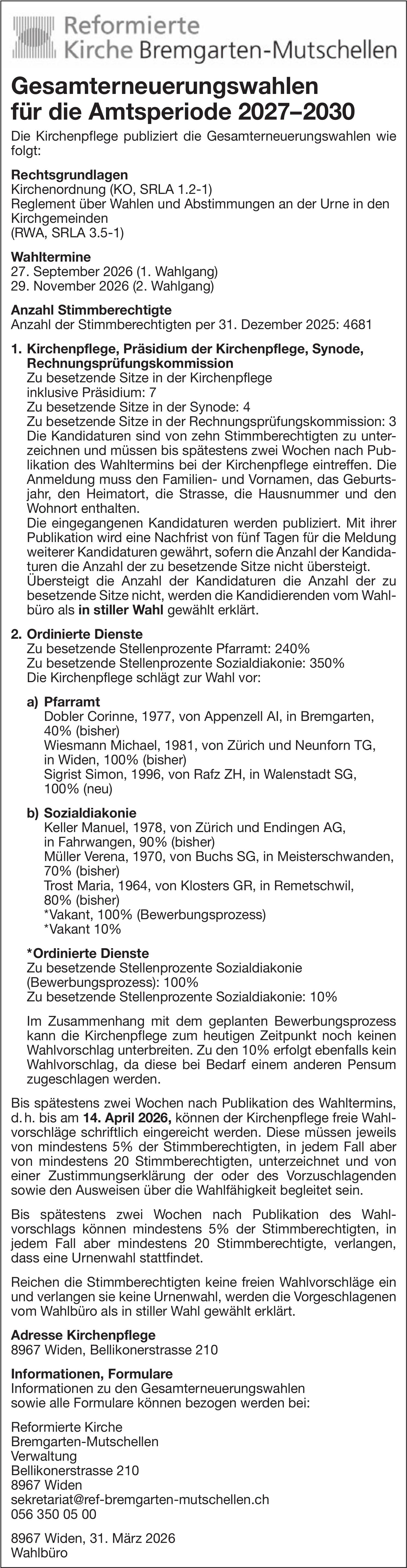 Wahlen & Abstimmungen - Reformierte Kirche Bremgarten-Mutschellen, Gesamterneuerungswahlen für die Amtsperiode 2027–2030