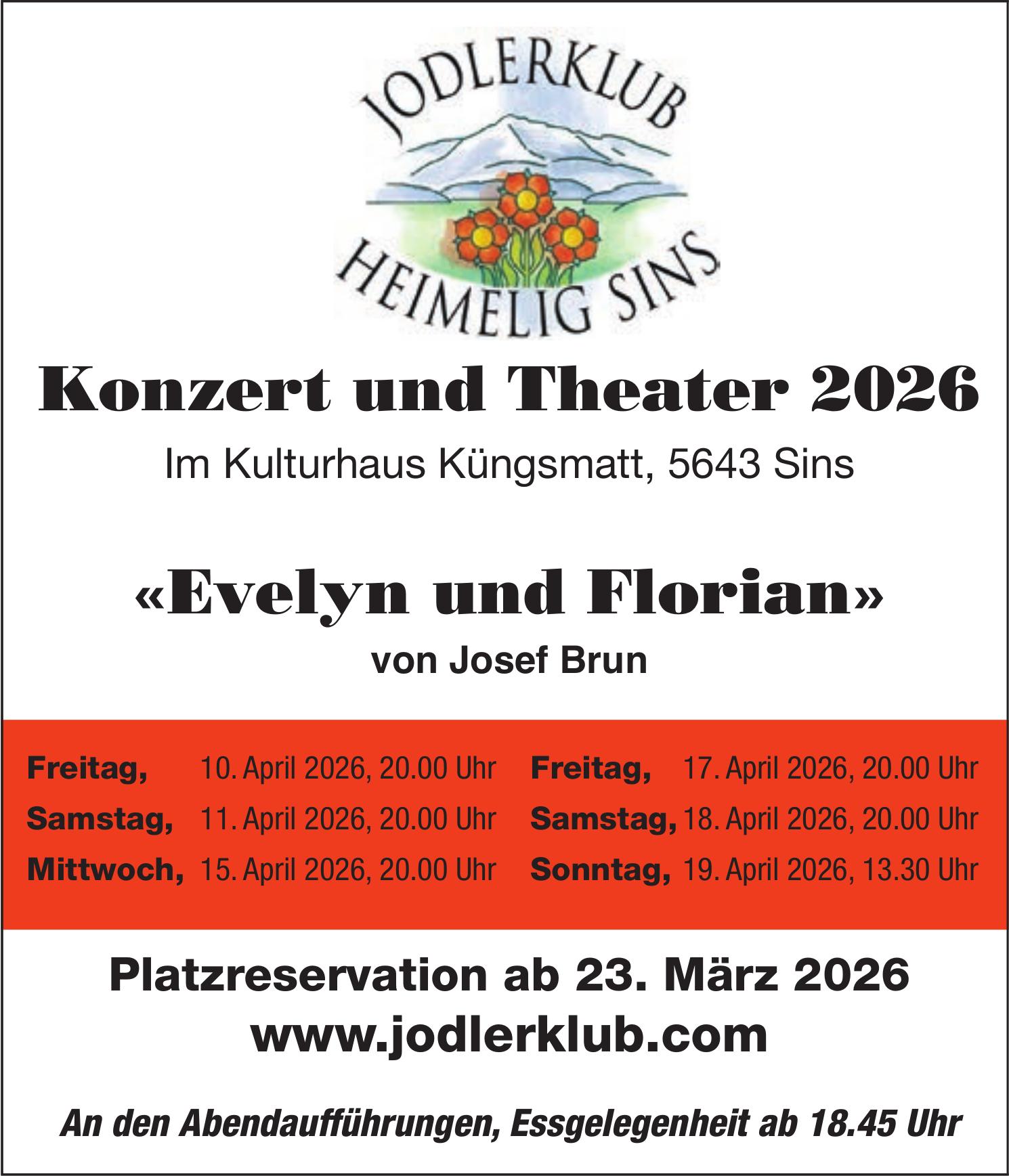 Jodlerklub Heimelig Sins, Konzert und Theater 2026 «Evelyn und Florian», 10./11./15./17./18./19. April, Kulturhaus Küngsmatt