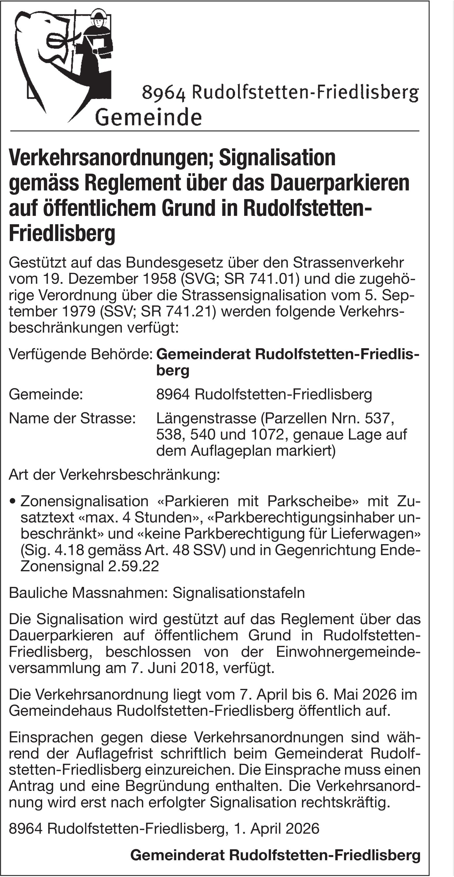 Verkehrsmassnahmen/ unterhaltsarbeiten, Verkehrsanordnungen; Signalisation gemäss Reglement über das Dauerparkieren auf öffentlichem Grund in Rudolfstetten- Friedlisberg