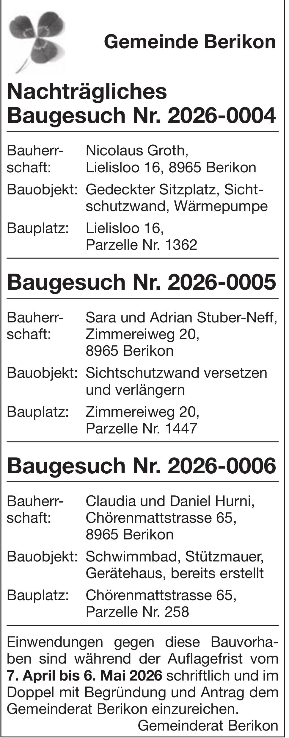 Baugesuche, Gemeinde Berikon