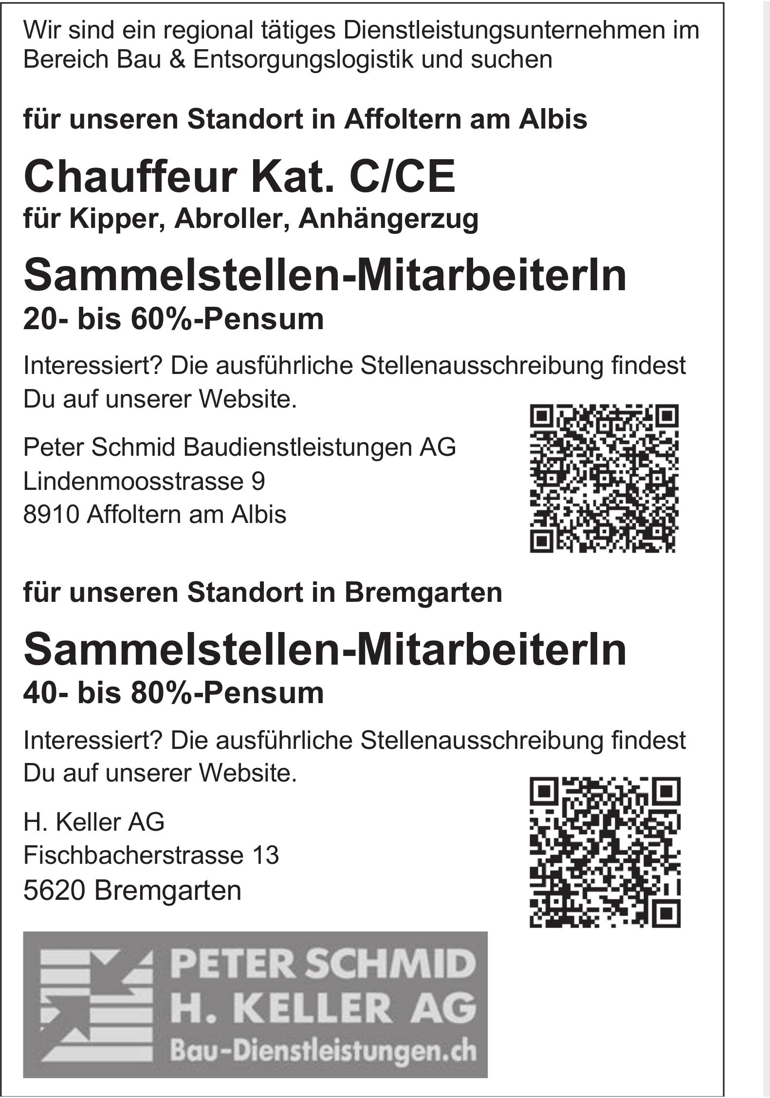 Chauffeur Kat. C/CE, Sammelstellen-MitarbeiterIn, Peter Schmid H. Keller AG, Affoltern am Albis,  gesucht