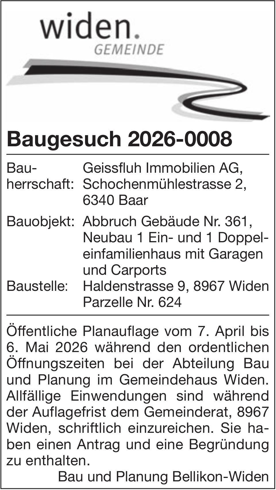 Baugesuche, widen Gemeinde, Baugesuch 2026-0008