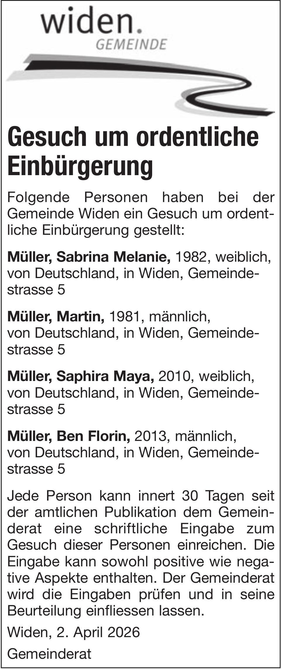 Gemeinde, widen Gemeinde, Gesuch um ordentliche Einbürgerung