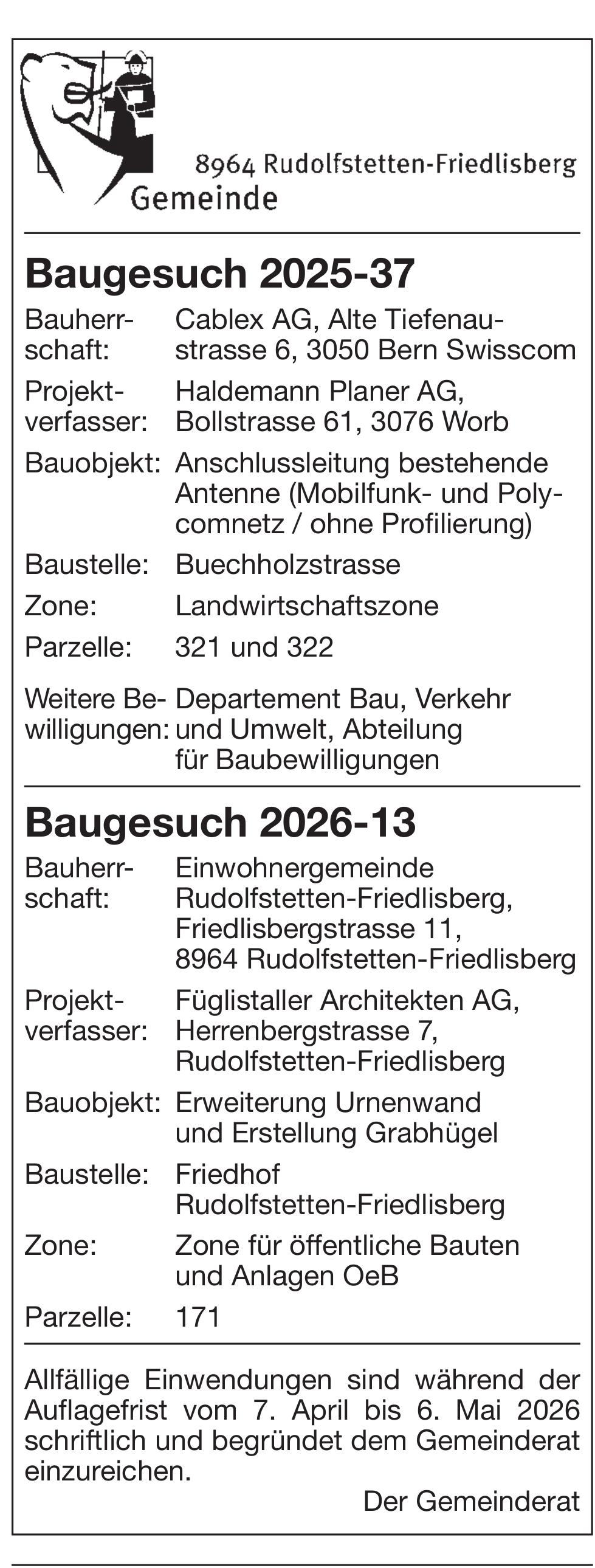 Baugesuche, Gemeinde Rudolfstetten-Friedlisberg