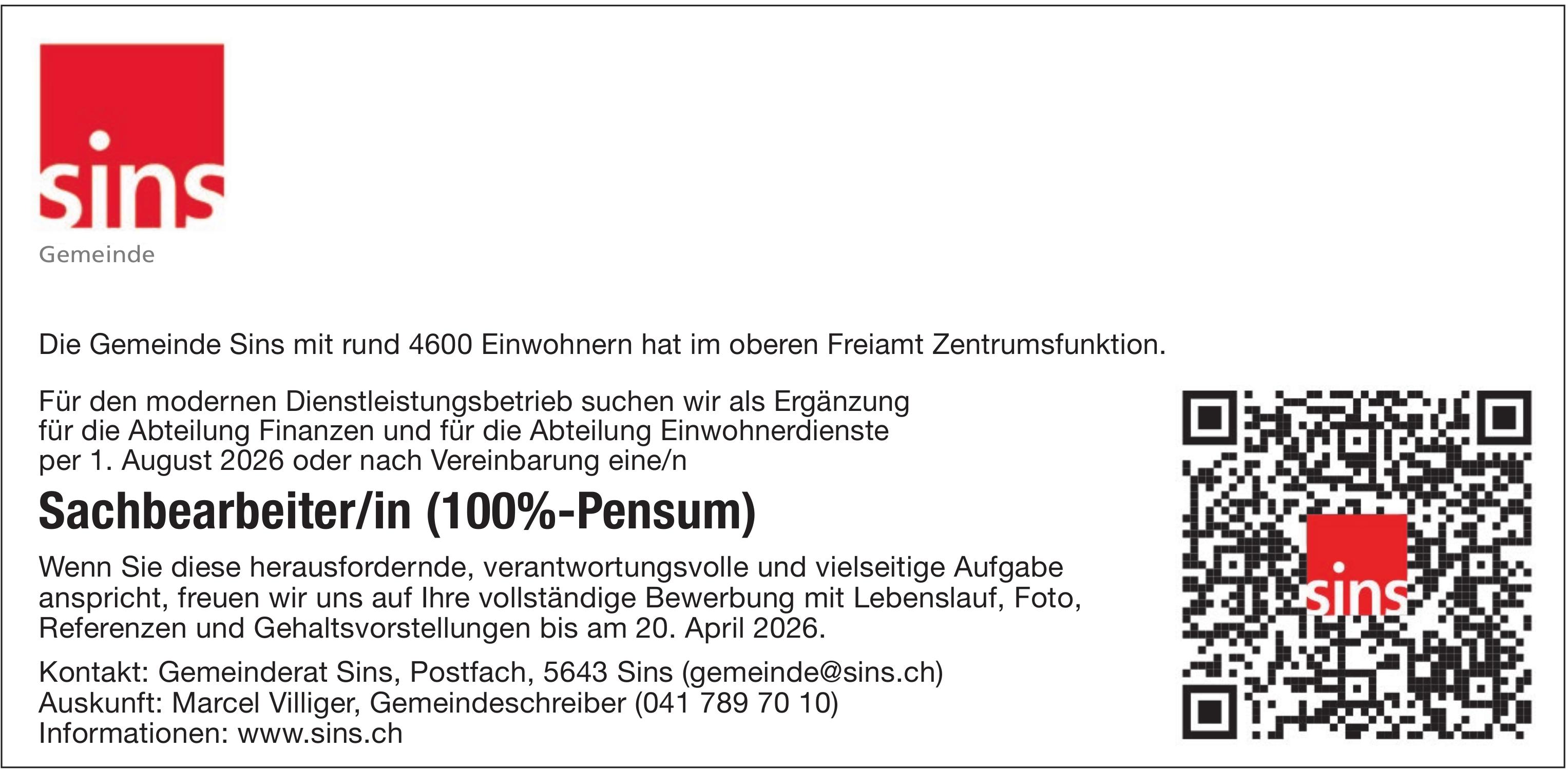 Sachbearbeiter/in (100%-Pensum), Sins, gesucht