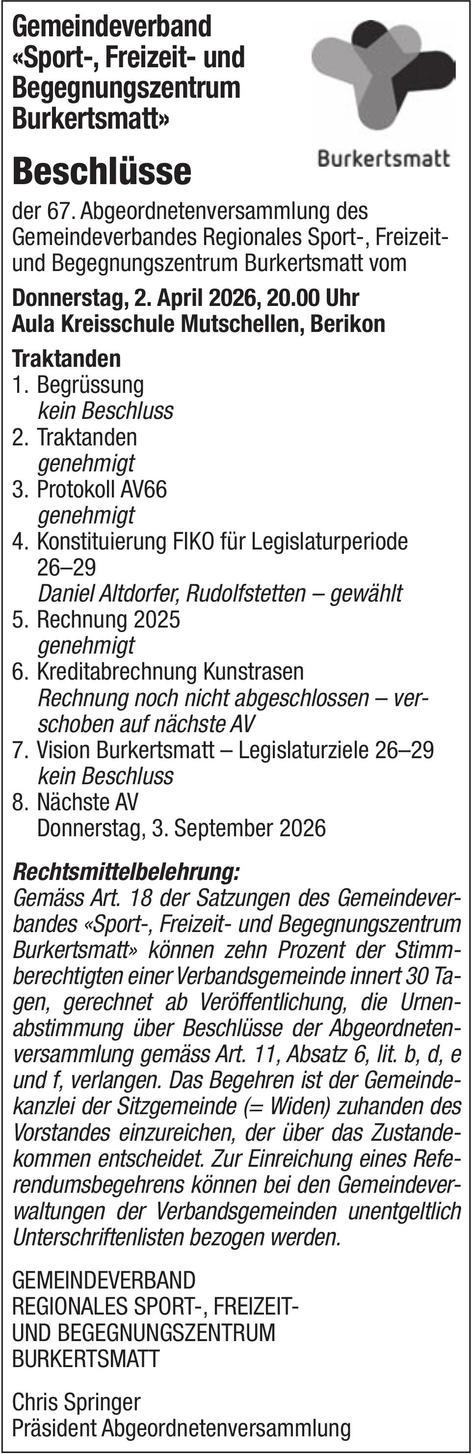 Gemeindeverband «Sport-, Freizeit- und Begegnungszentrum Burkertsmatt», Beschlüsse