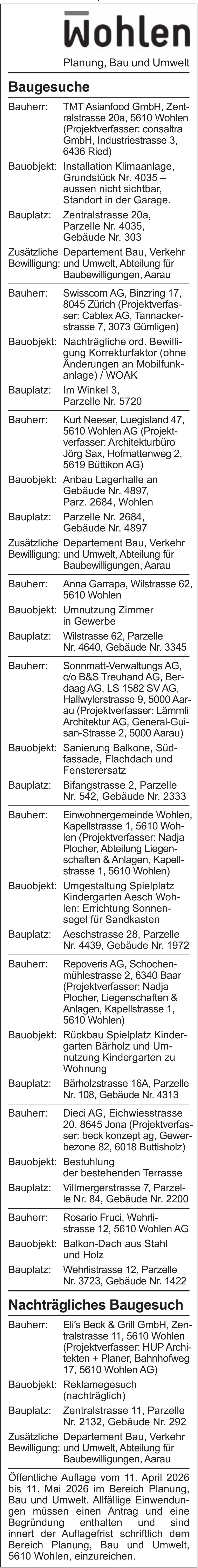 Wohlen, Baugesuche / Nachträgliches Baugesuch