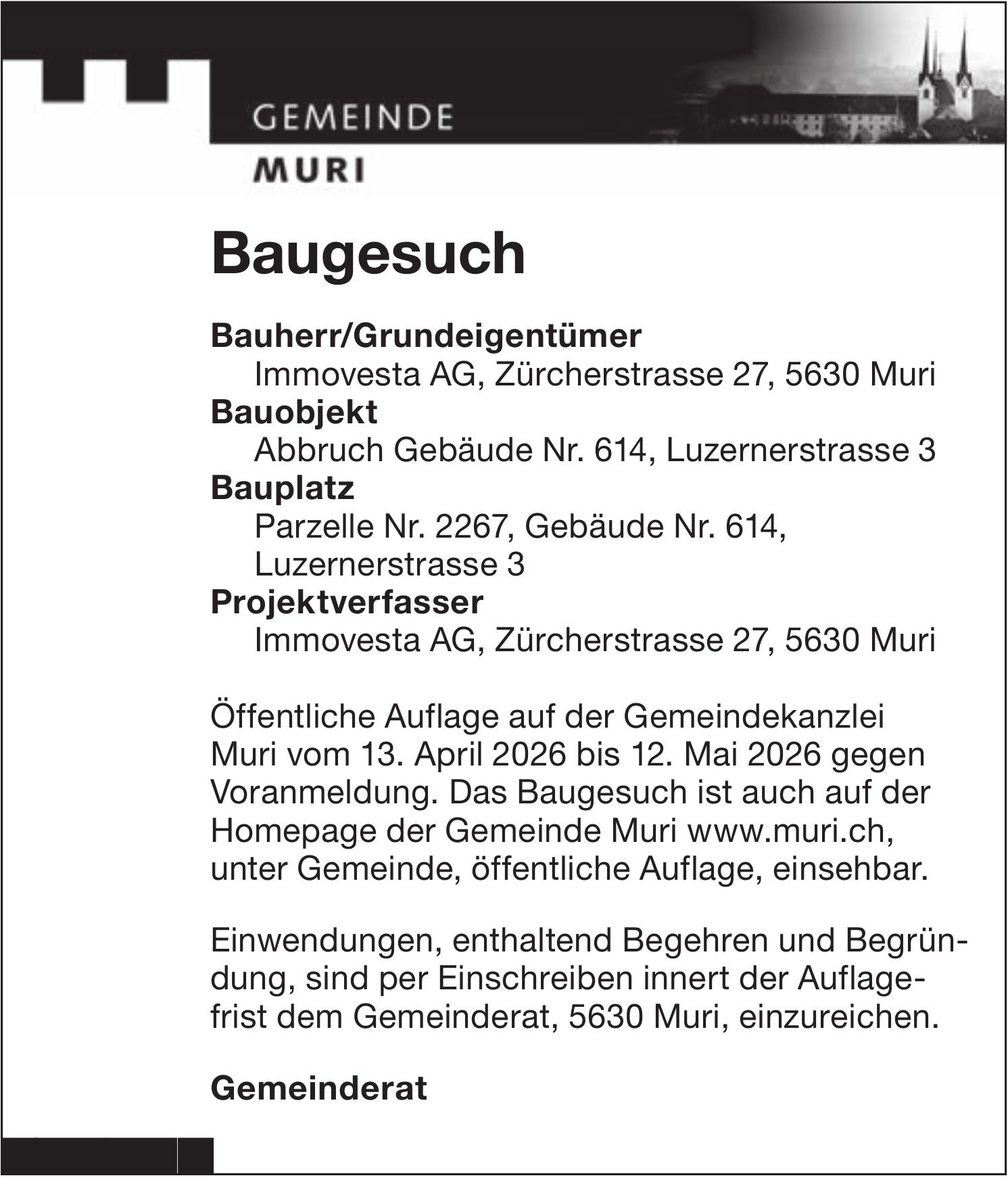 Baugesuche, Gemeinde Muri - Immovesta AG