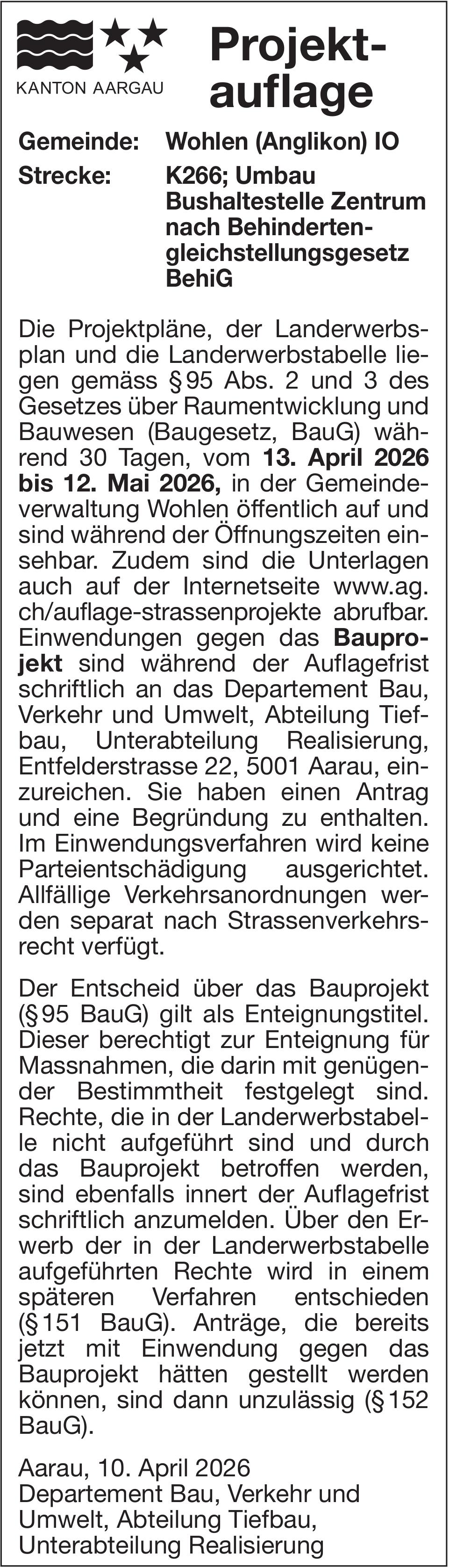 Baugesuche, Wohlen (Anglikon) IO - Projektauflage