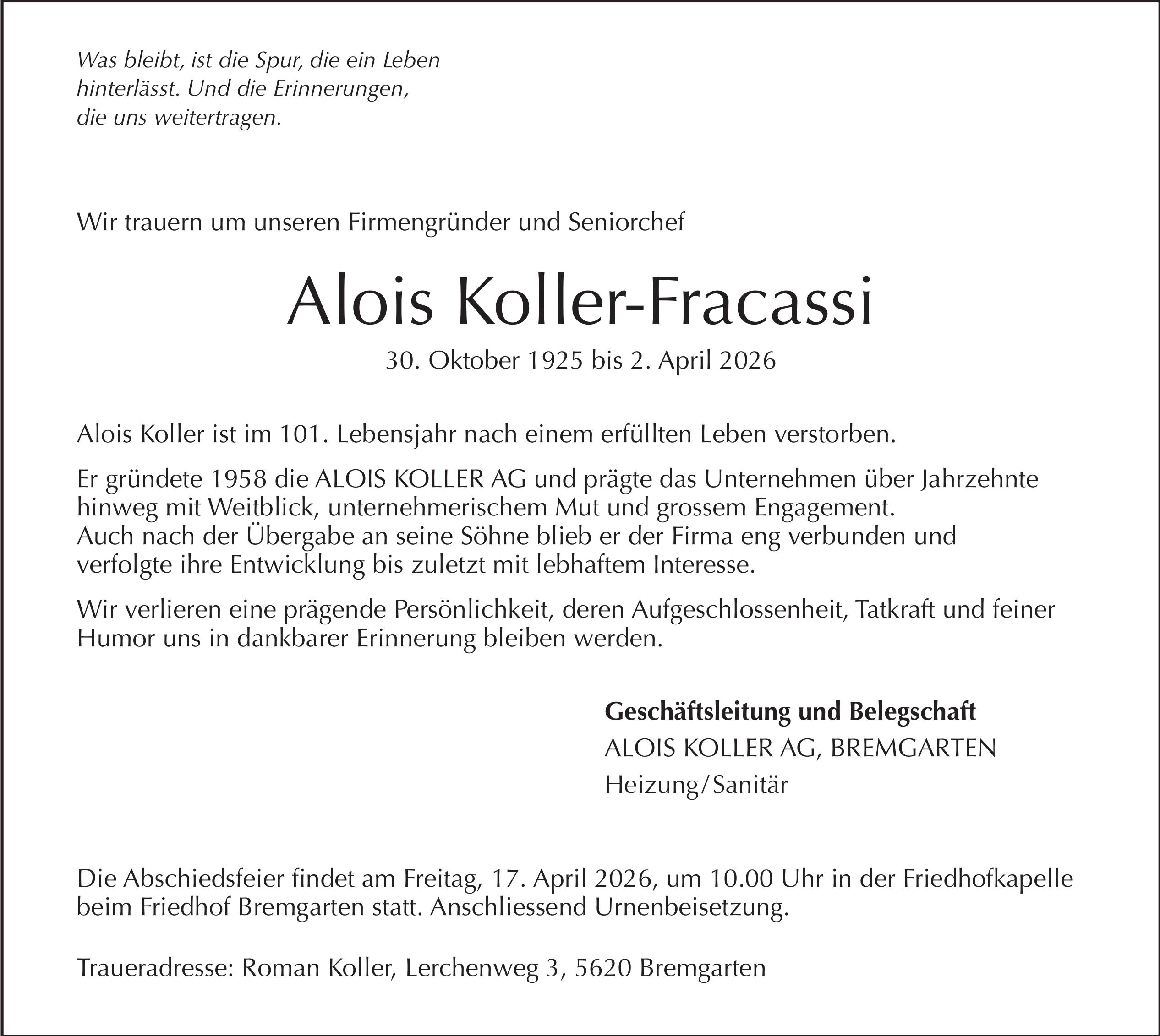 Koller-Fracassi Alois, April 2026 / TA