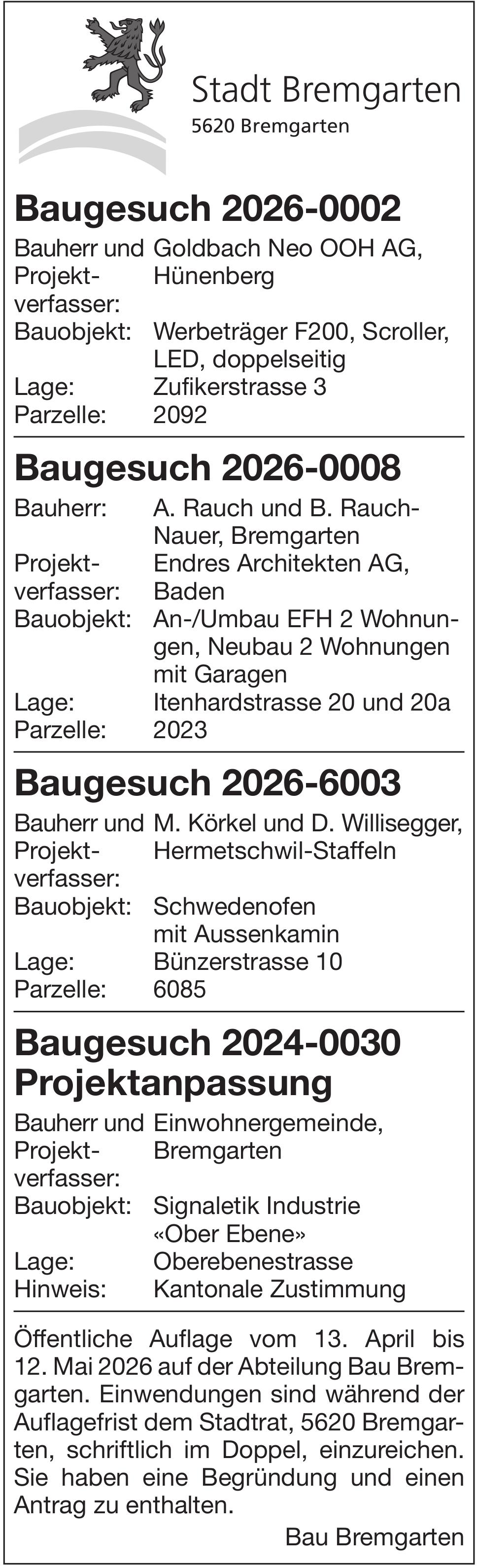 Baugesuche, Stadt Bremgarten - Baugesuche 2026-0002 / 2026-0008 / 2026-6003 / 2024-0030 Projektanpassung