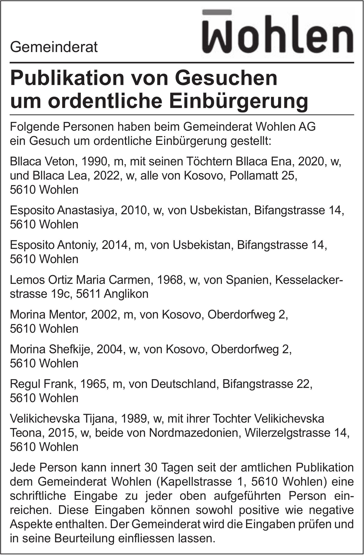 Gemeinderat Wohlen, Publikation von Gesuchen um ordentliche Einbürgerung